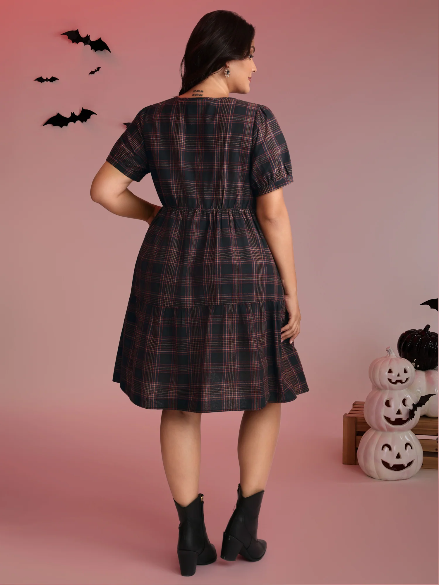 Cotton Retro Plaid Print Tiered Stretchy Mini Dress - Image 4