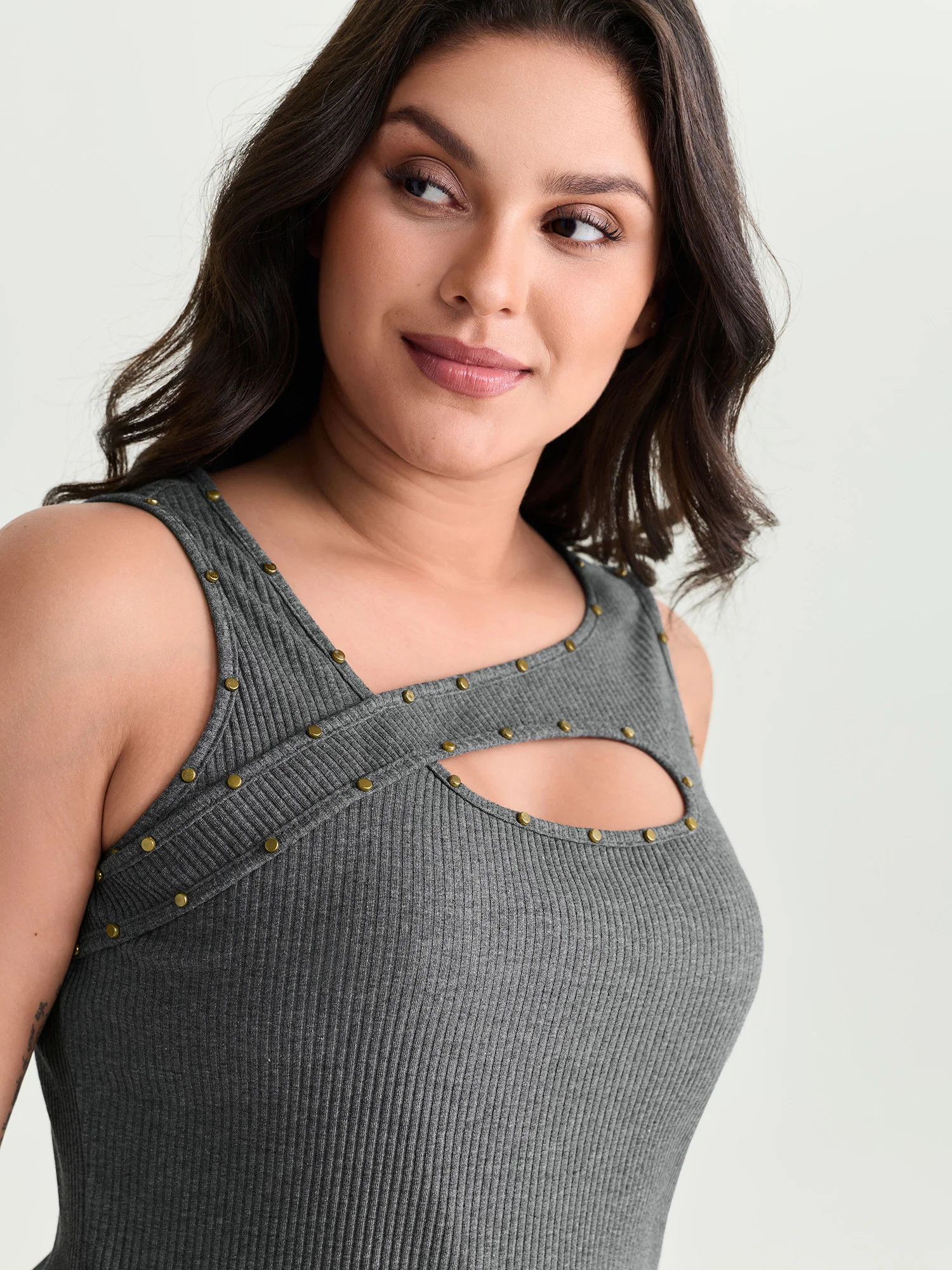 Cotton Ribbed Asymmetric Neckline Tank Top - Image 2