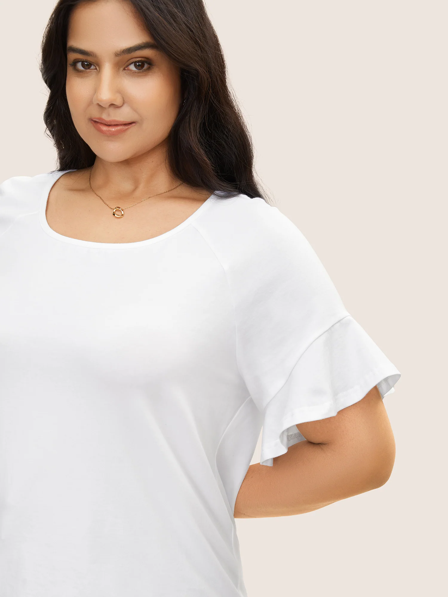 Cotton Round Neck Plain Patchwork Ruffles T-shirt - Image 3