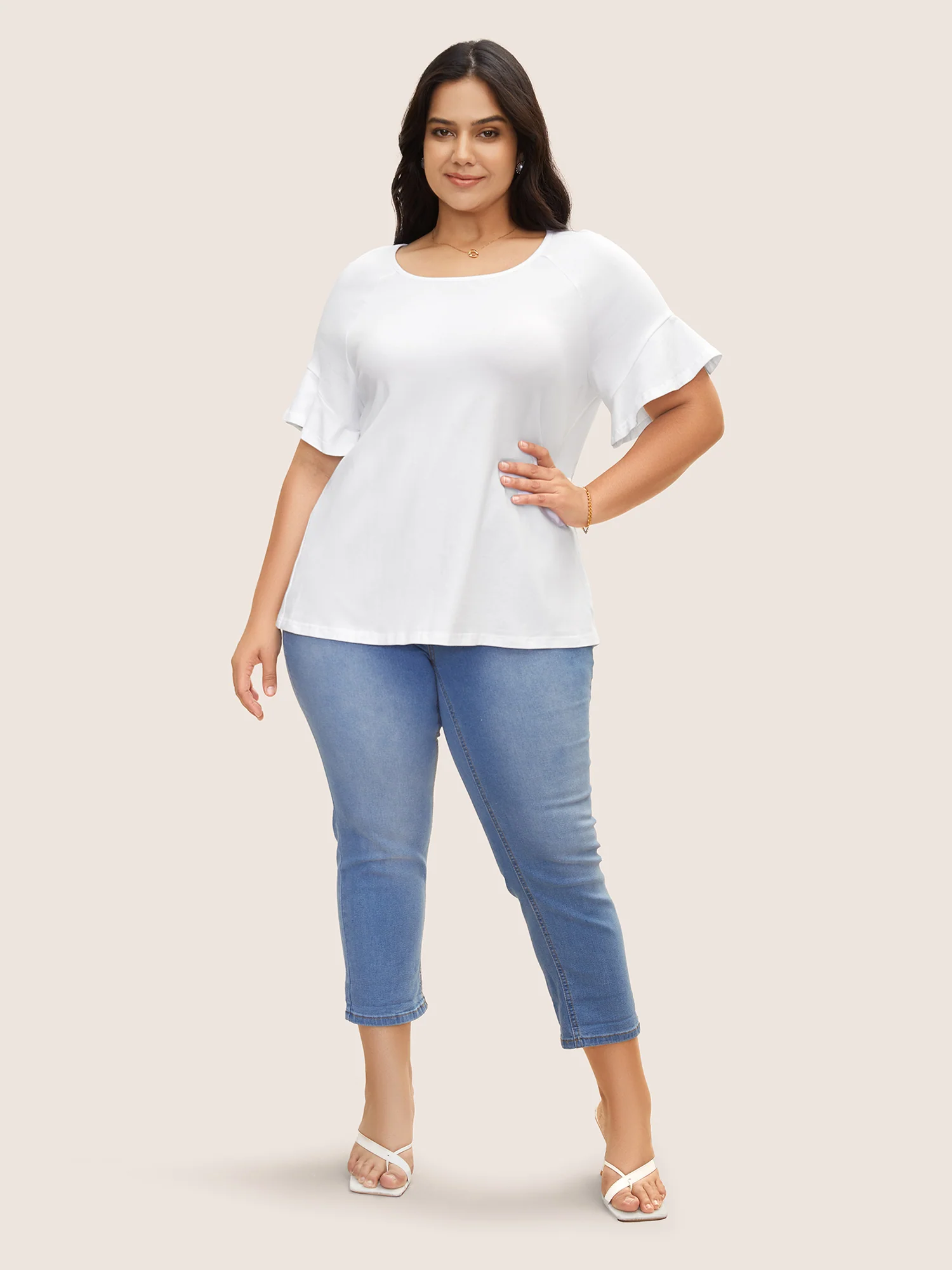 Cotton Round Neck Plain Patchwork Ruffles T-shirt - Image 4