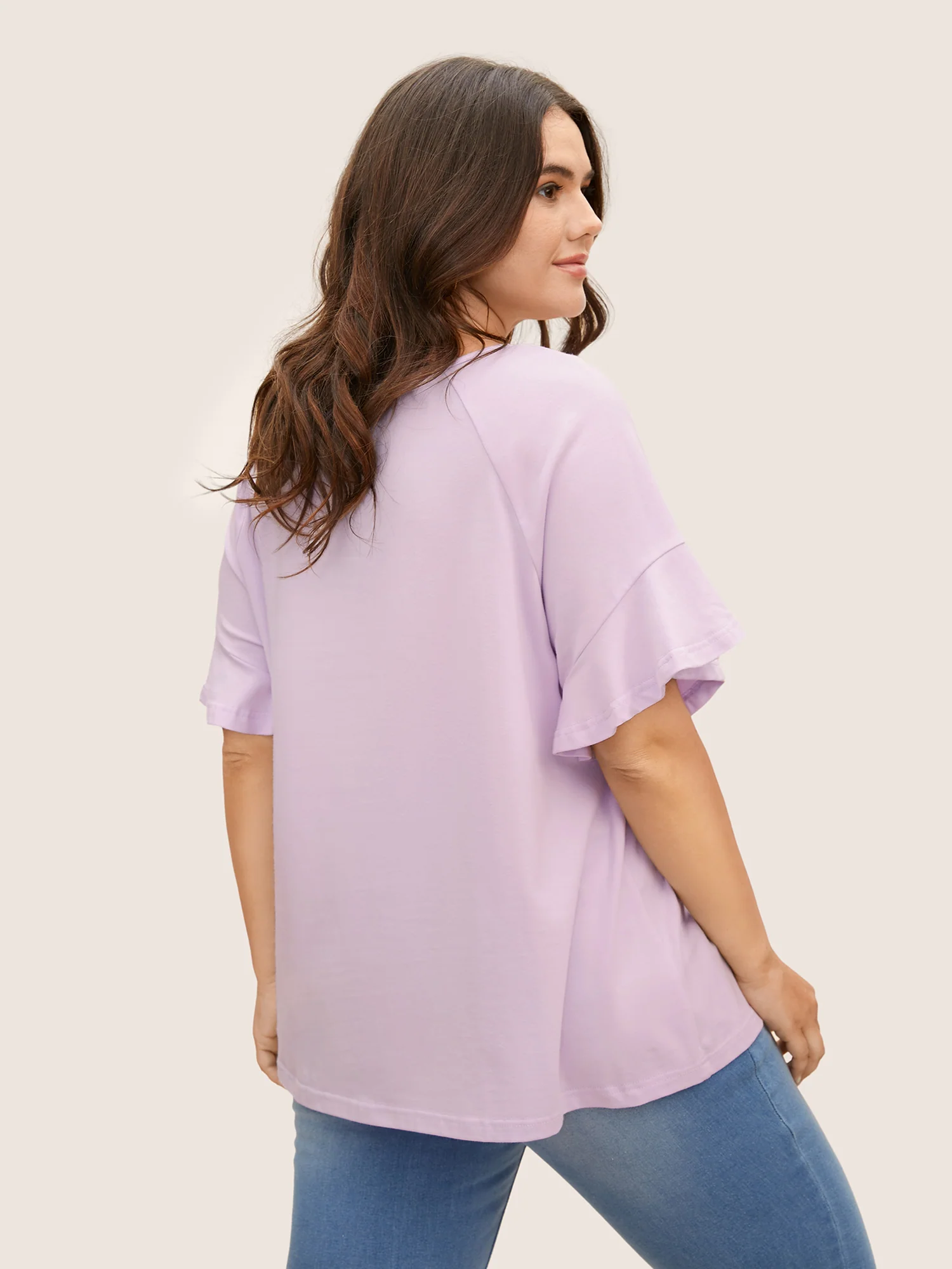 Cotton Round Neck Plain Patchwork Ruffles T-shirt - Image 7