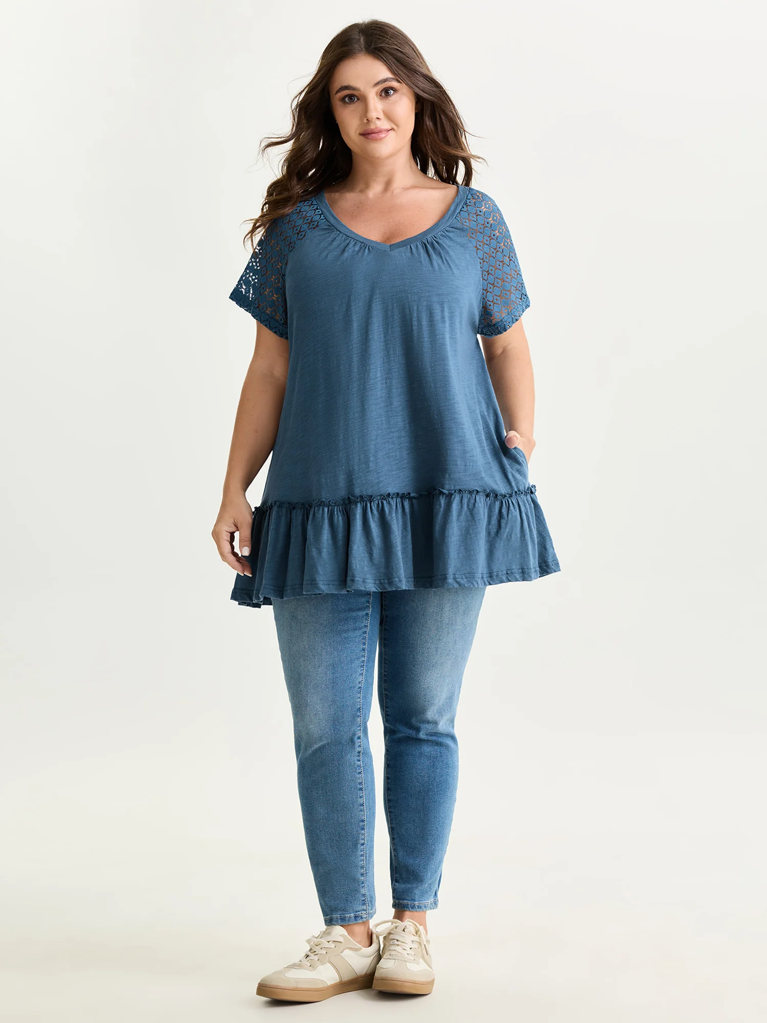 Cotton Ruffle Hem Eyelet Lace T-Shirt - Image 3