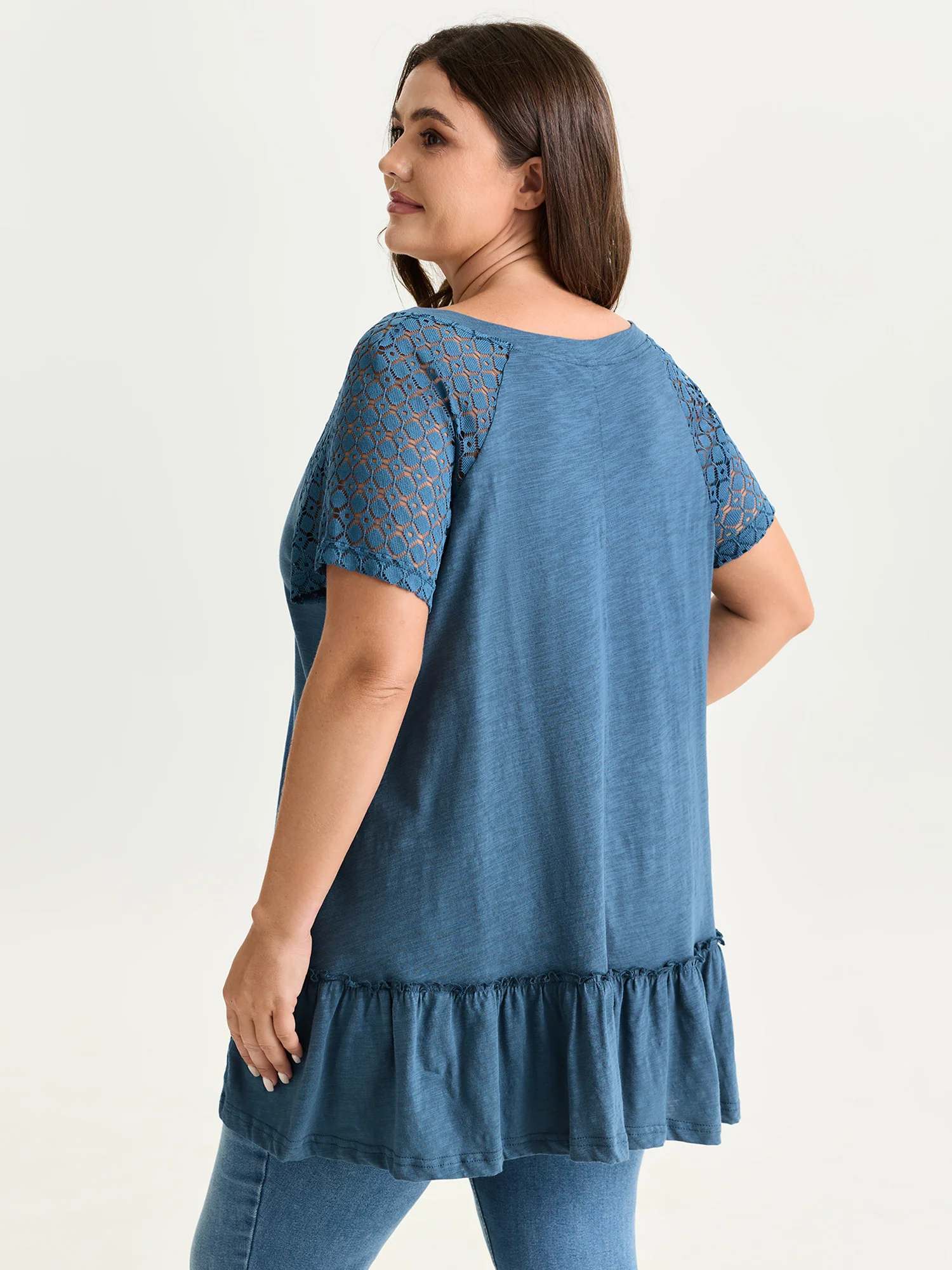 Cotton Ruffle Hem Eyelet Lace T-Shirt - Image 4