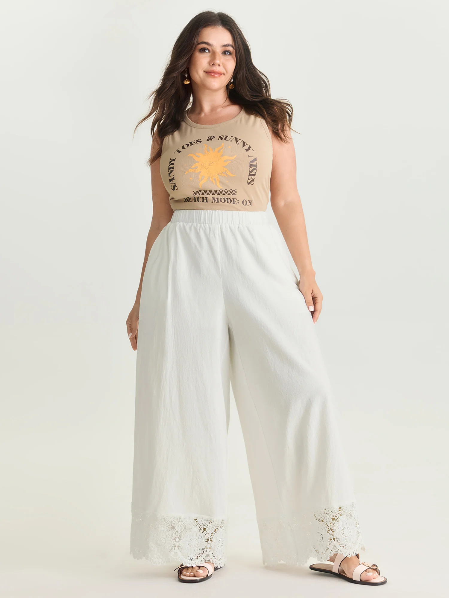 Cotton Scalloped Lace Hem Flared Pants - Image 2