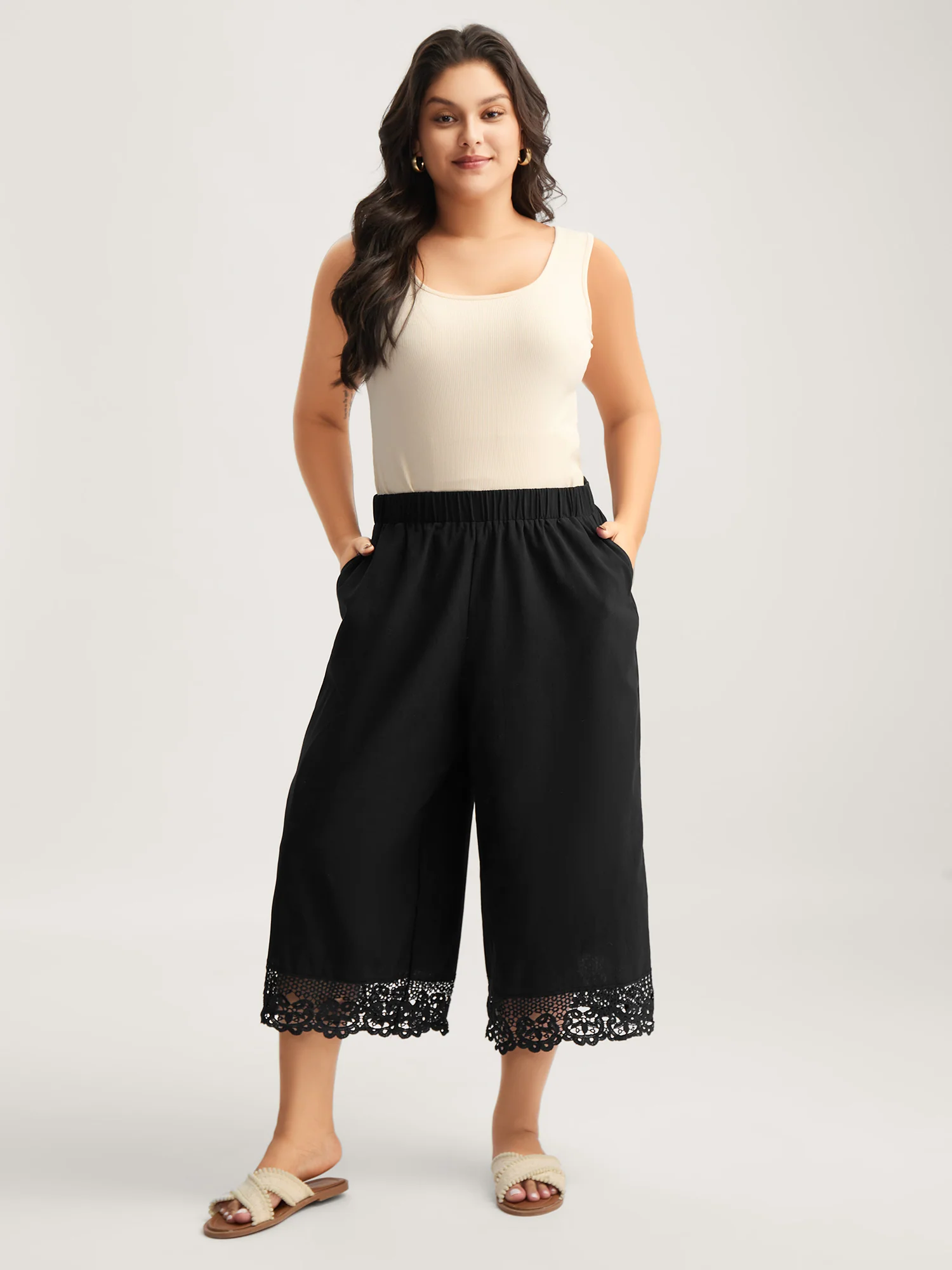 Cotton Scalloped Lace Hem Wide-Leg Pants - Image 3