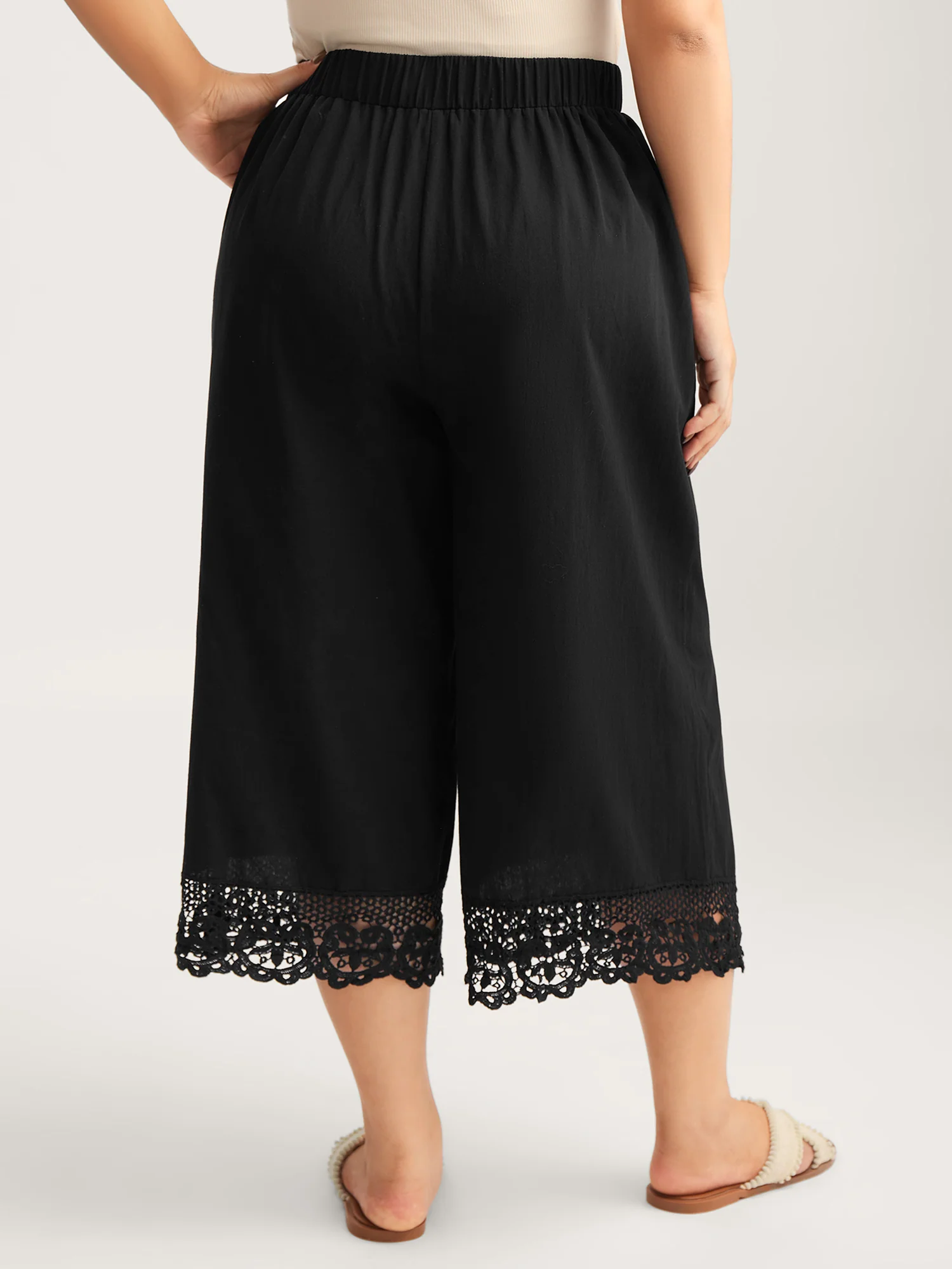 Cotton Scalloped Lace Hem Wide-Leg Pants - Image 4
