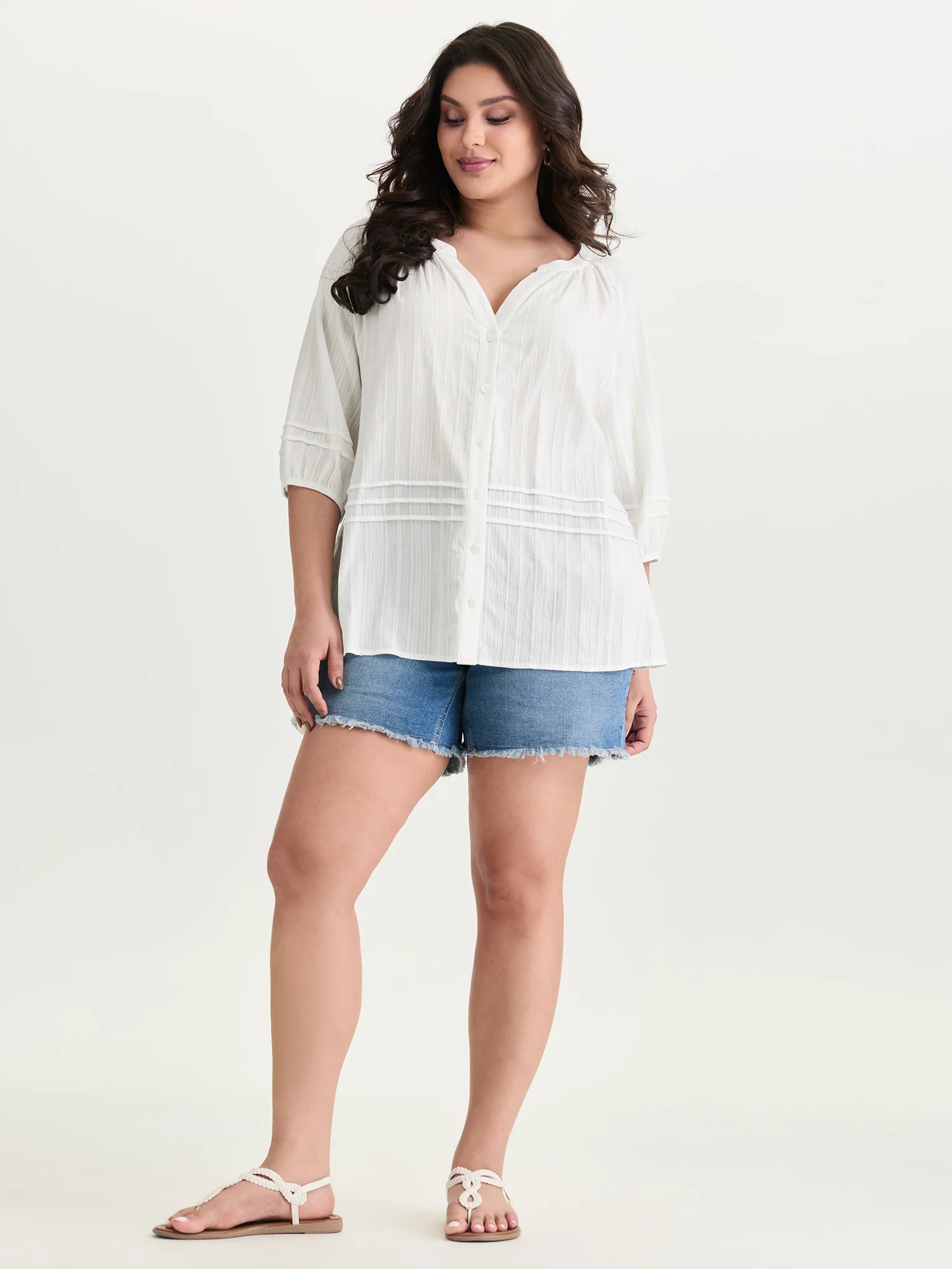 Cotton Sheer V Neck Button Down Shirt - Image 3
