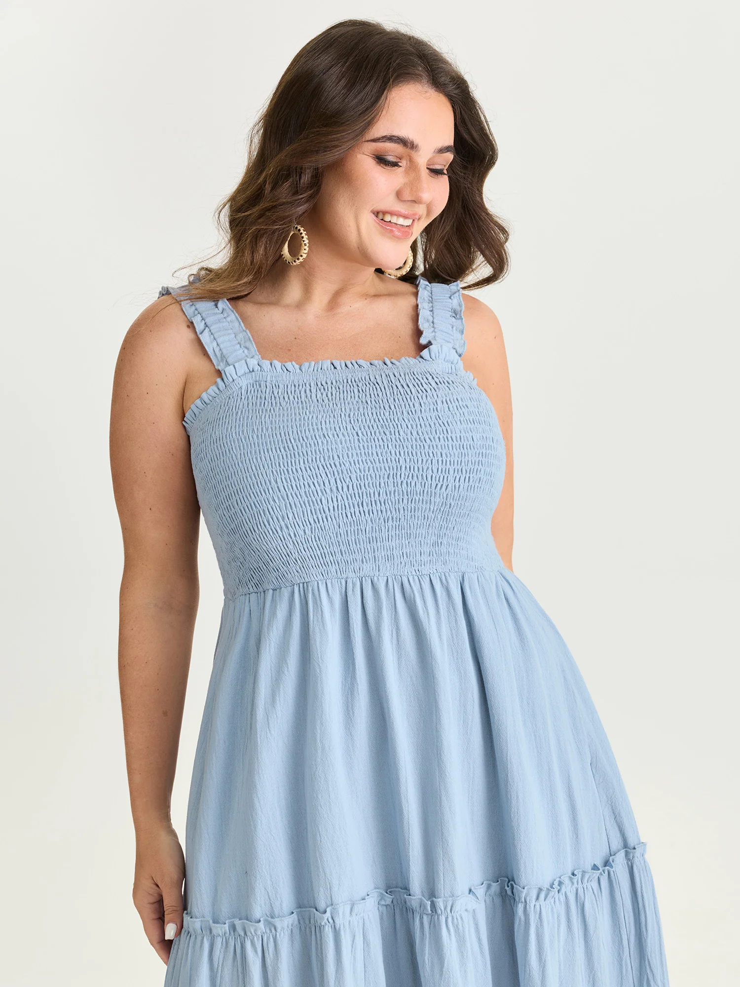 Cotton Shirred Bodice Ruffled Straps Plain Maxi Dress - Image 2