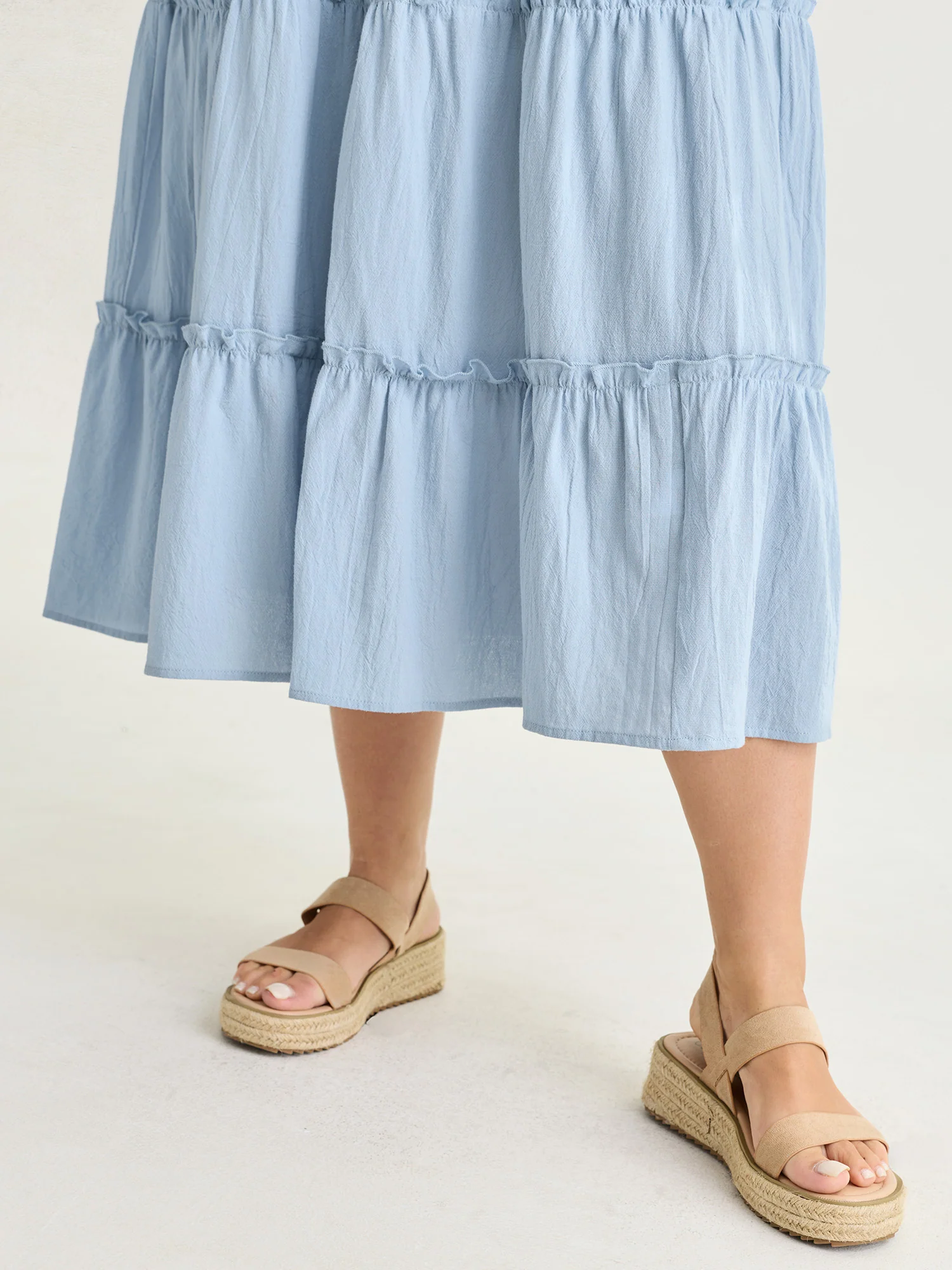 Cotton Shirred Bodice Ruffled Straps Plain Maxi Dress - Image 4