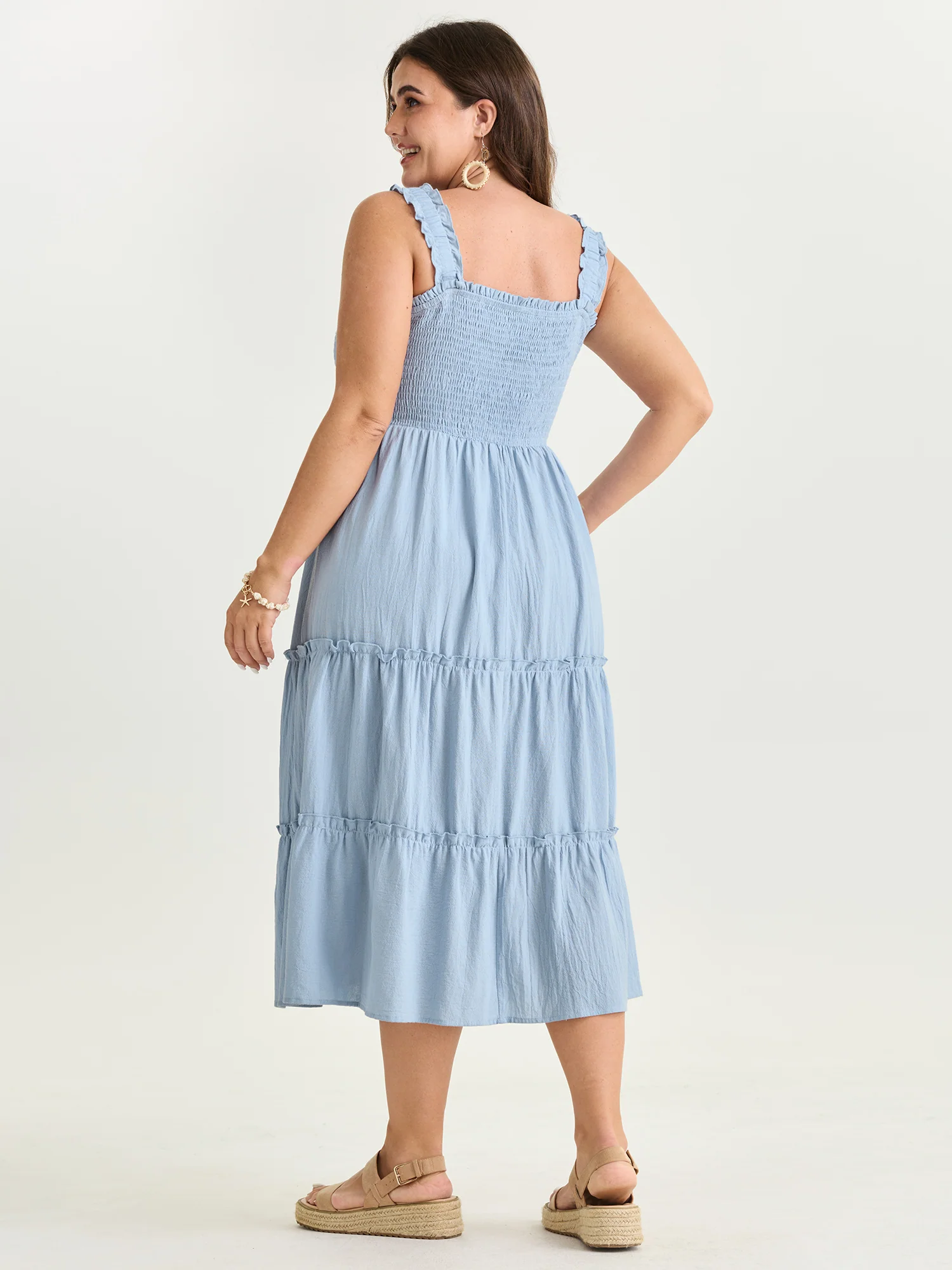 Cotton Shirred Bodice Ruffled Straps Plain Maxi Dress - Image 5