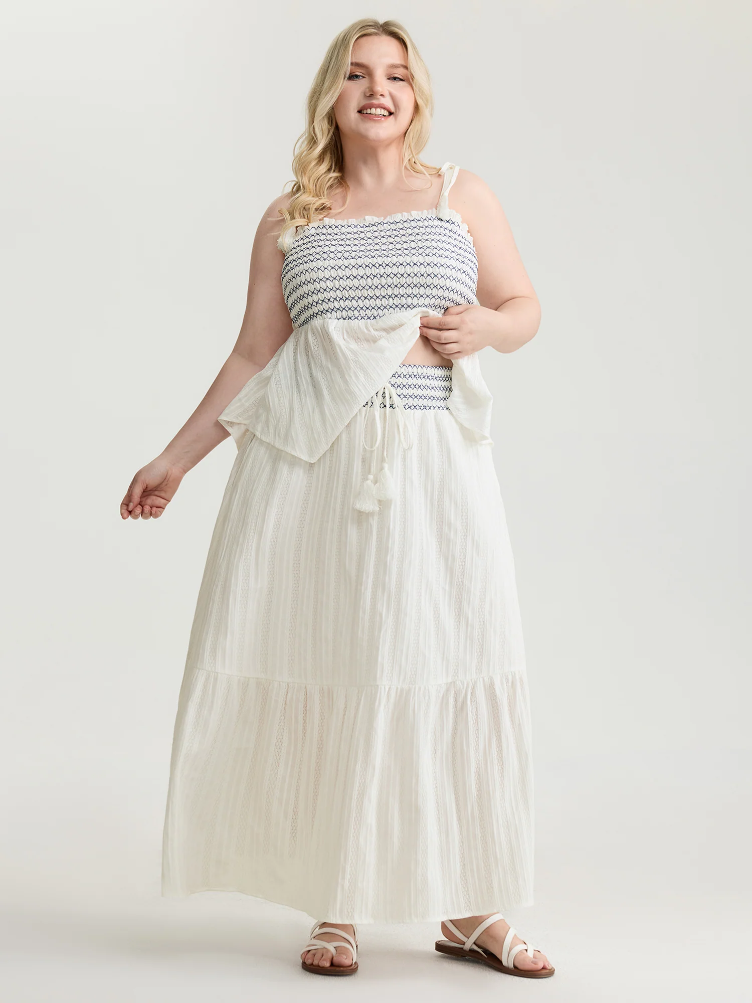 Cotton Shirred Contrast Waist Pockets Maxi Skirt - Image 2