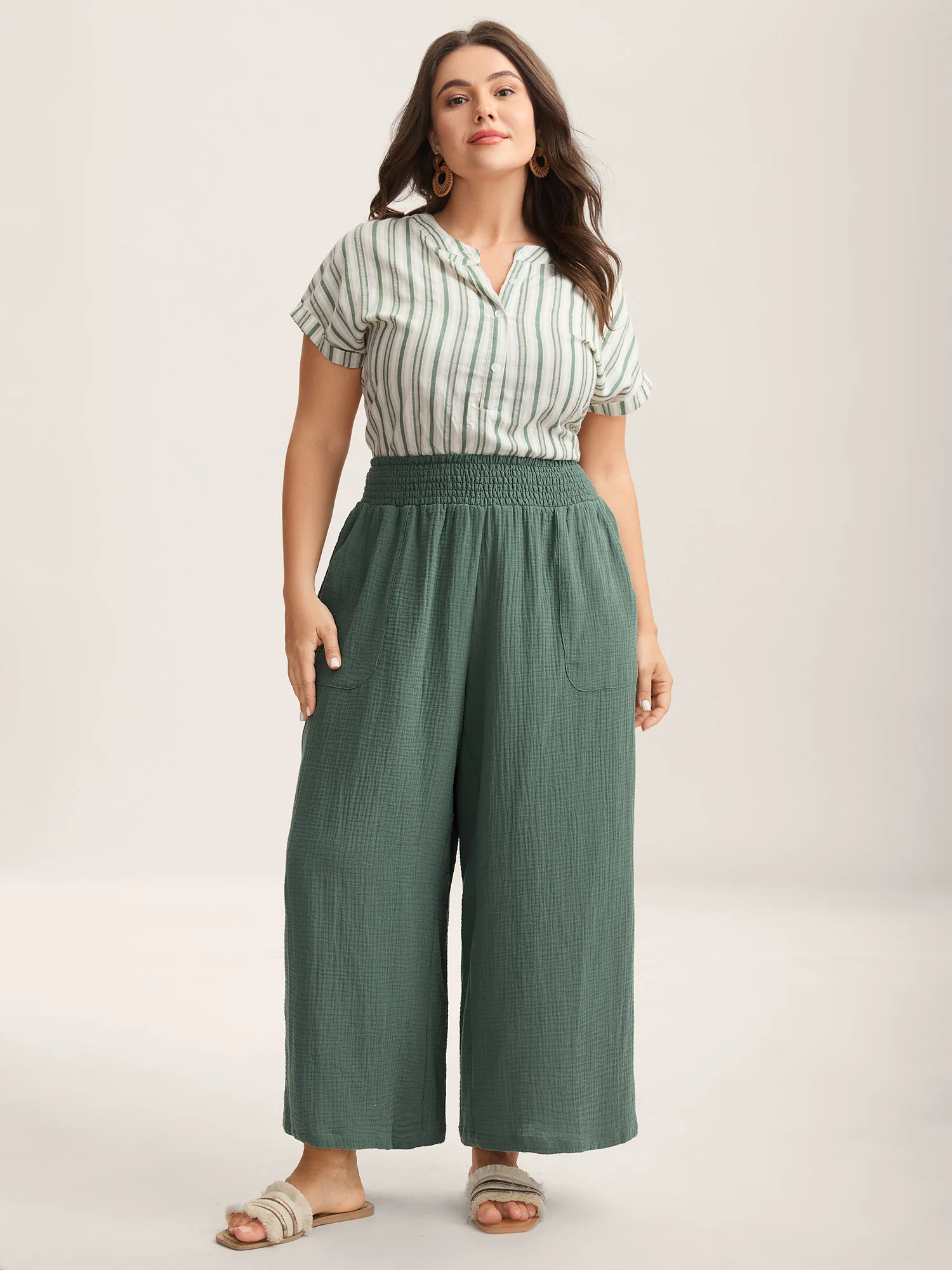 Cotton Shirred Textured Wide-Leg Pants - Image 2