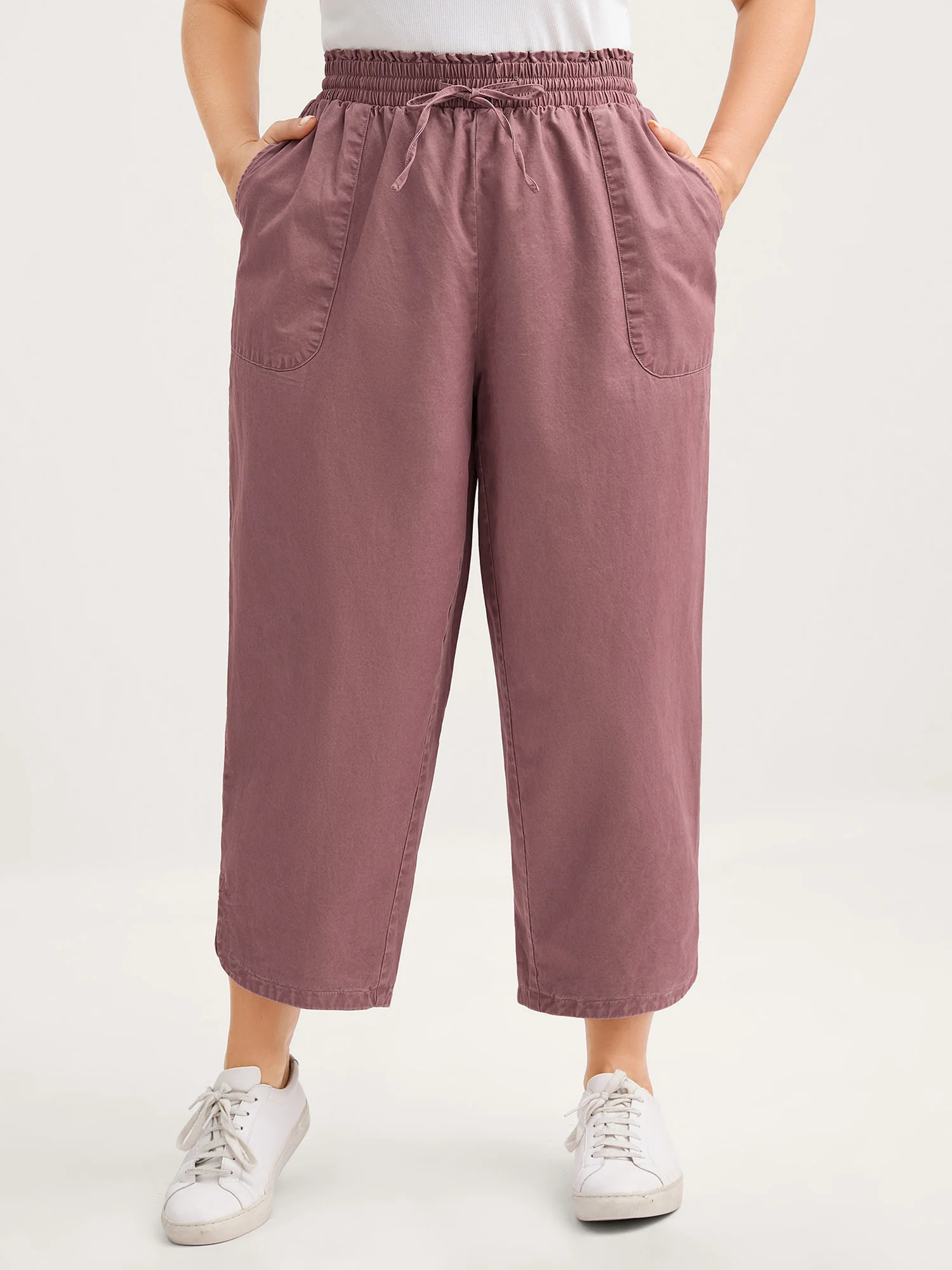 Cotton Shirred Wide Waistband Hem Slit Pants - Image 2