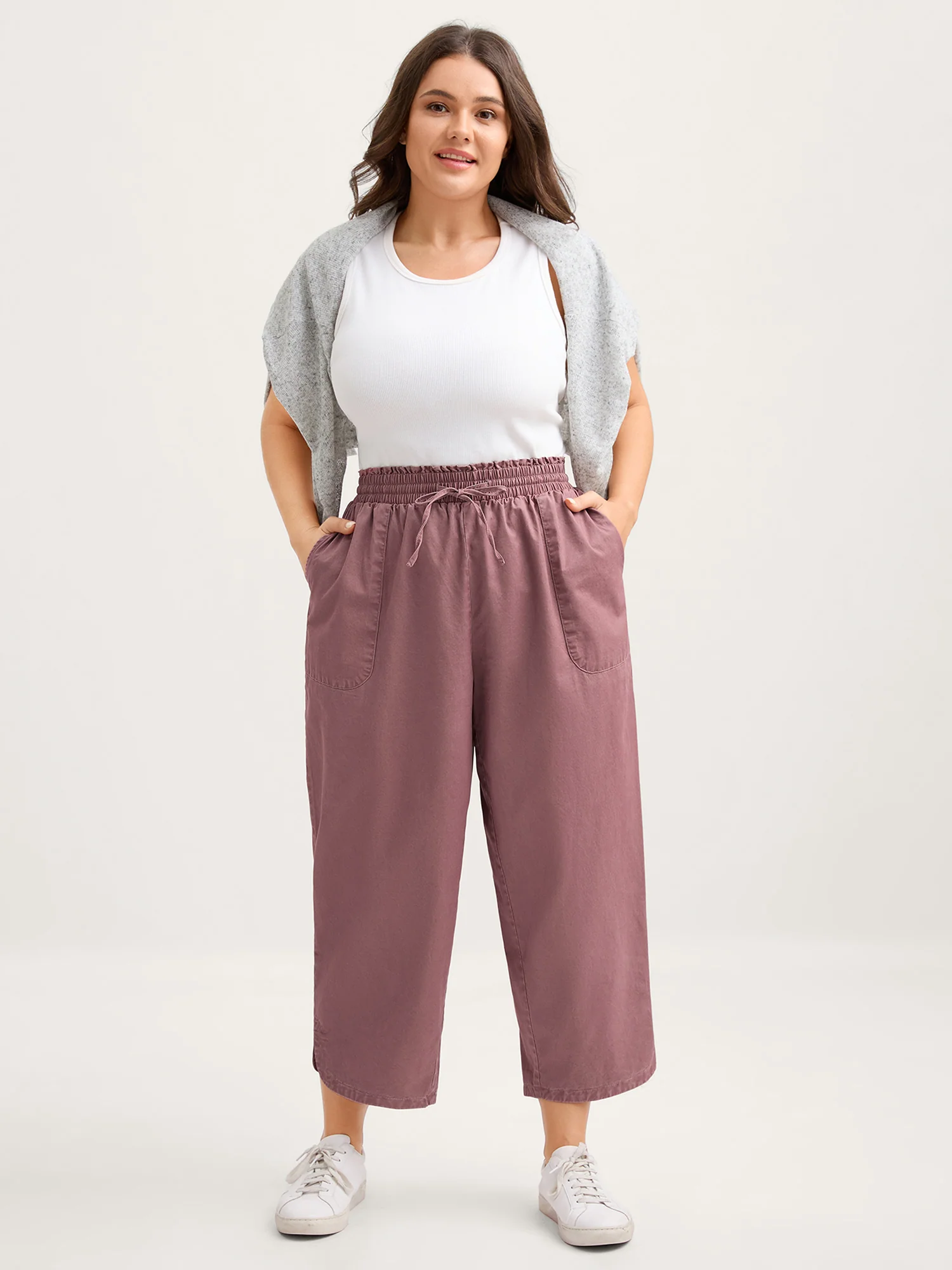 Cotton Shirred Wide Waistband Hem Slit Pants - Image 3