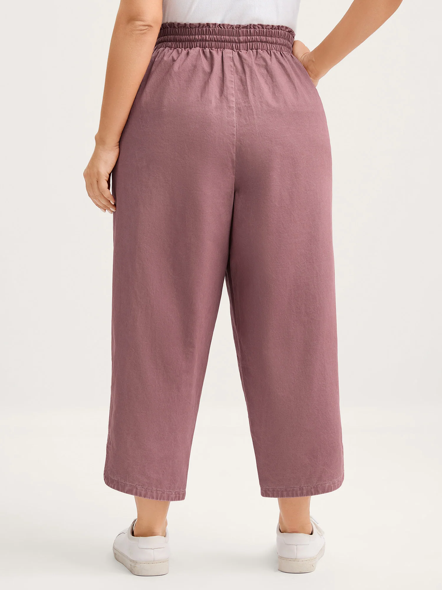 Cotton Shirred Wide Waistband Hem Slit Pants - Image 6