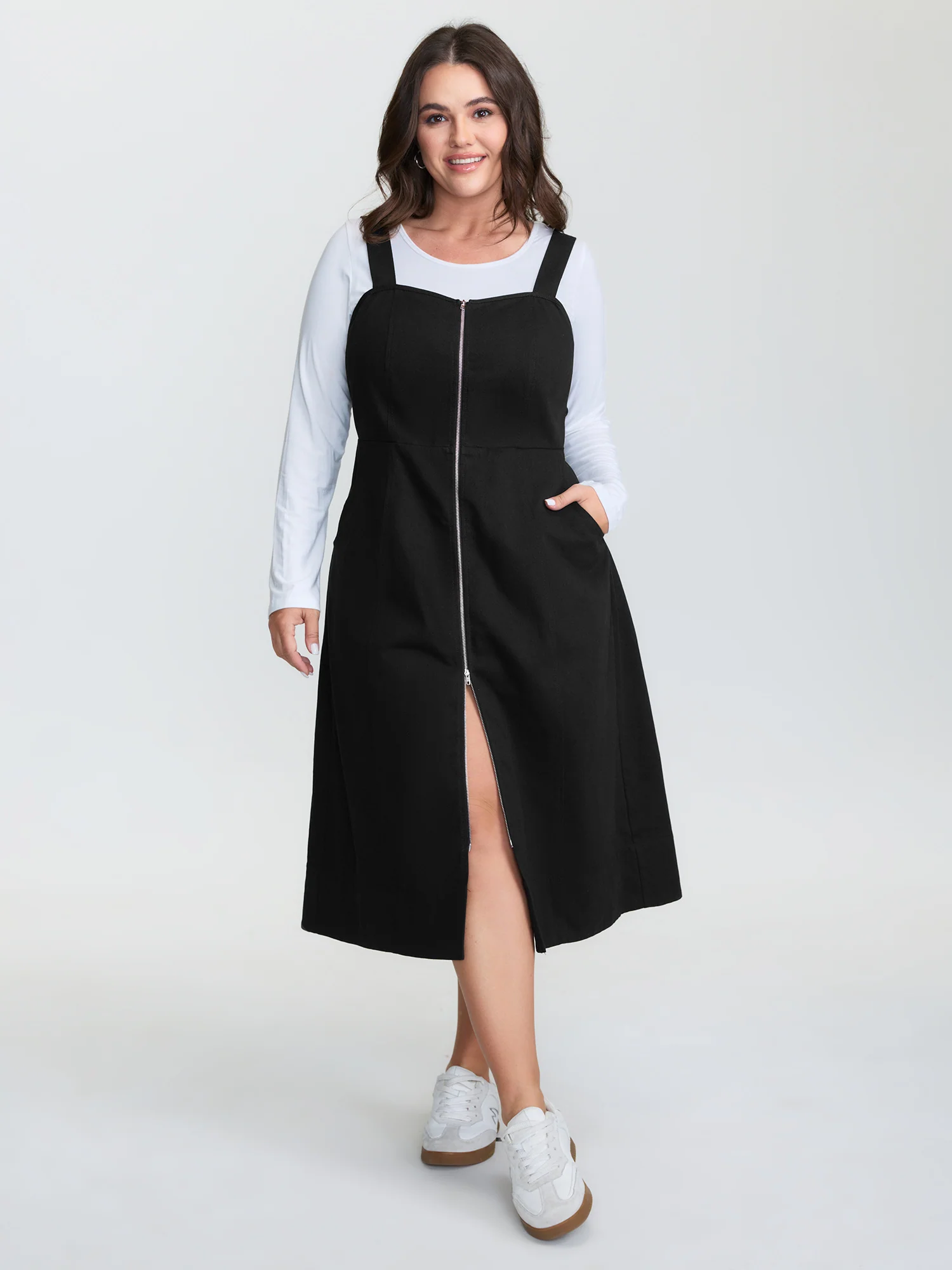 Cotton Shirred Zipper-Front Midi Dress - Image 3