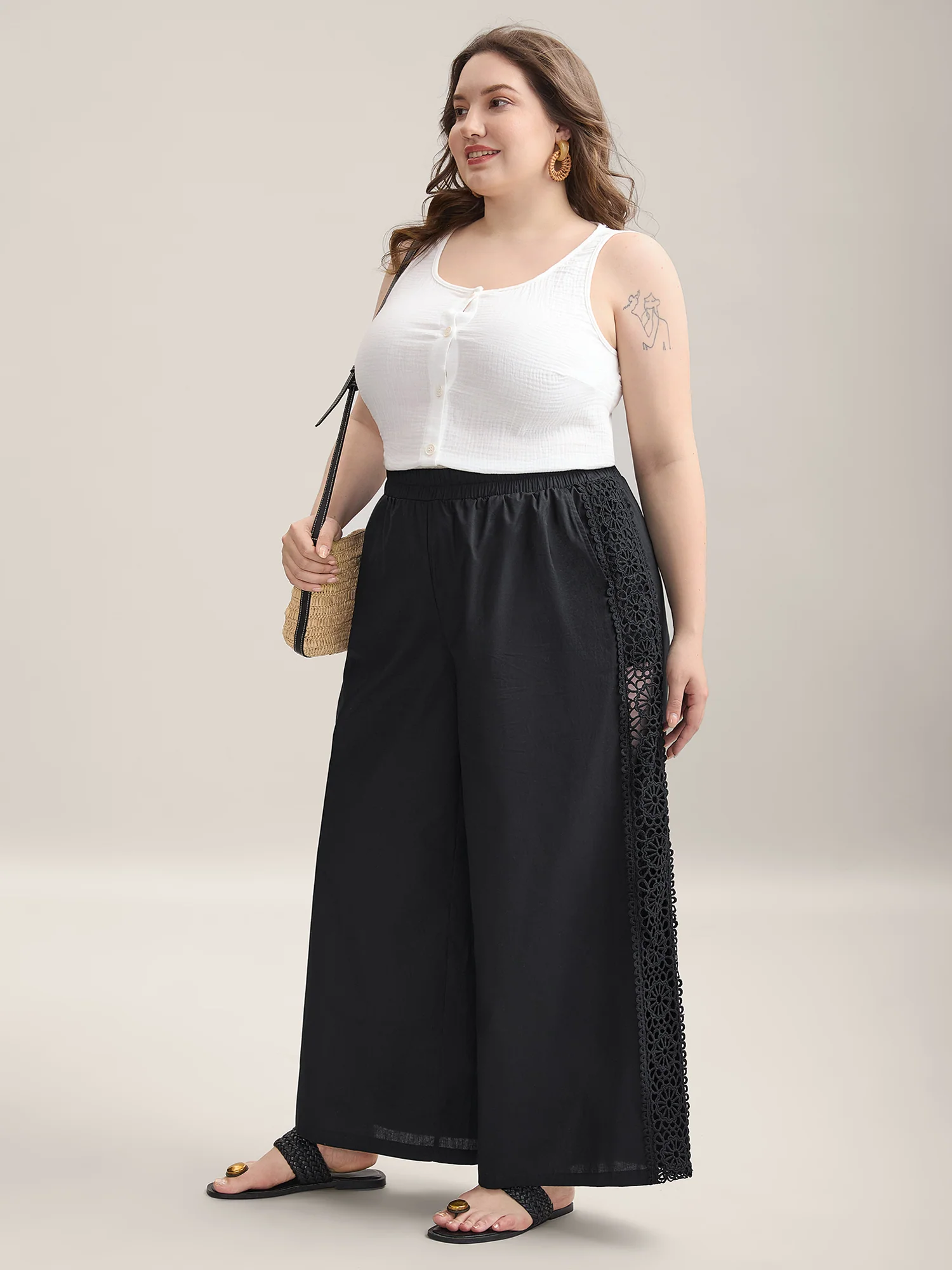 Cotton Side Lace Wide-Leg Pants - Image 2