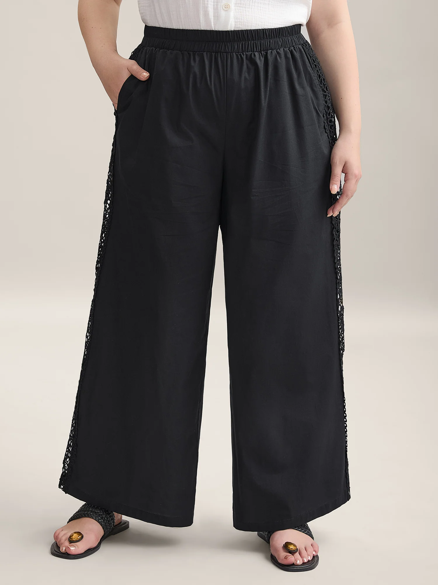 Cotton Side Lace Wide-Leg Pants - Image 3