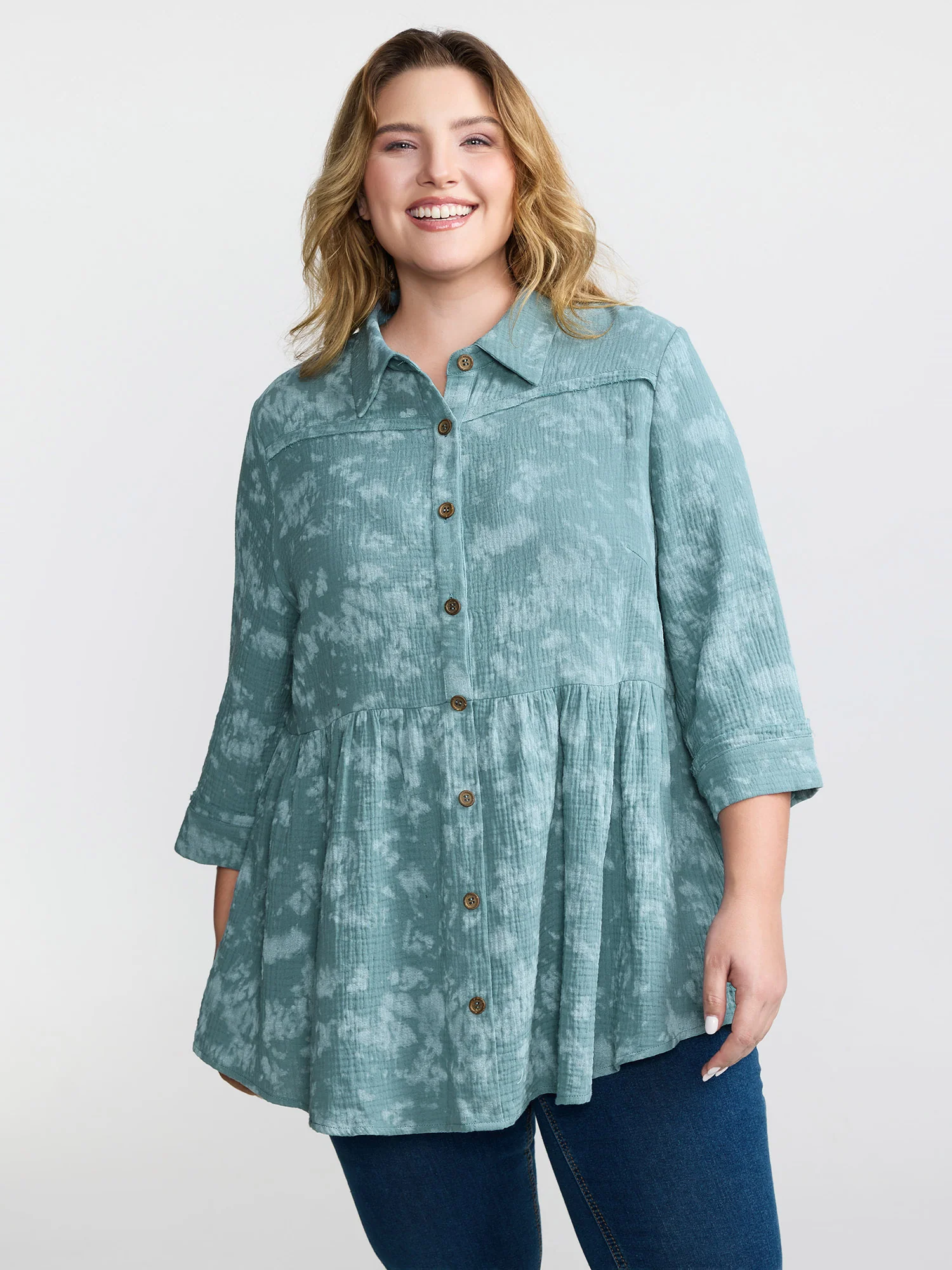 Cotton Snowflake Effect Half-Placket Blouse - Image 2