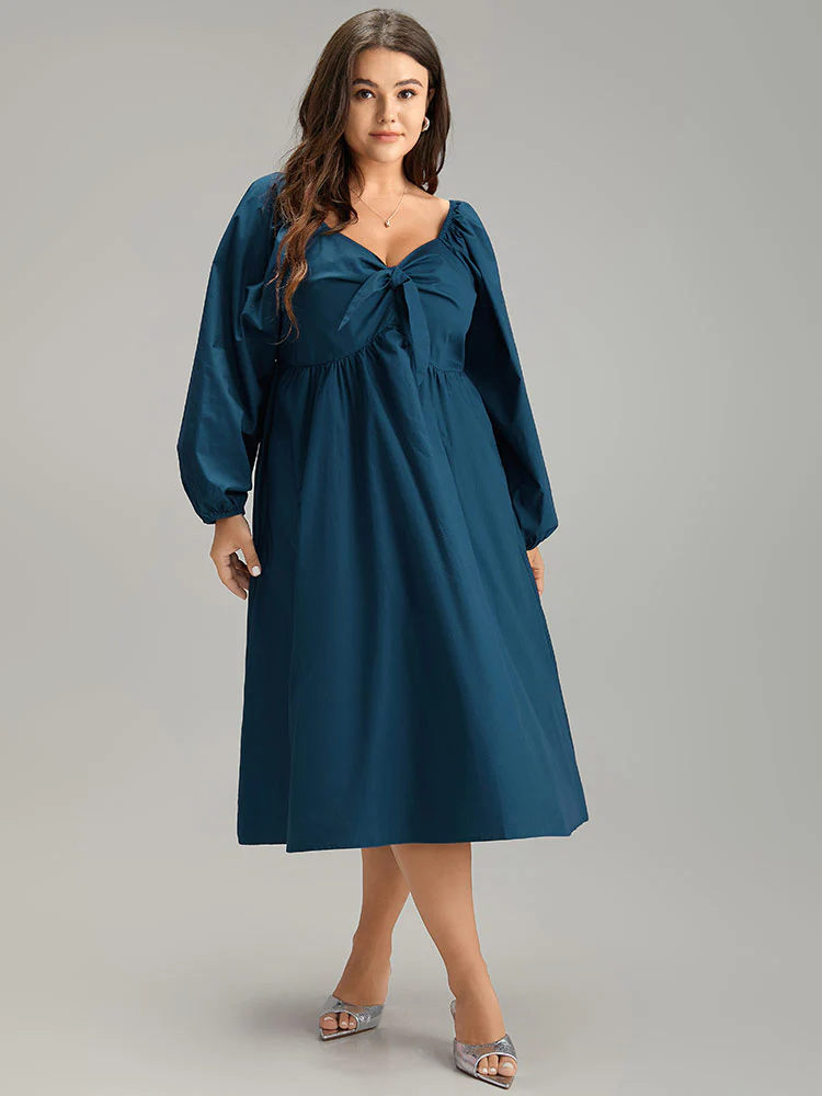 Cotton Solid Bowknot Gathered Detail Dress