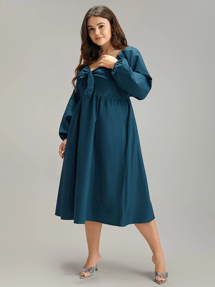 Cotton Solid Bowknot Gathered Detail Dress - Image 2