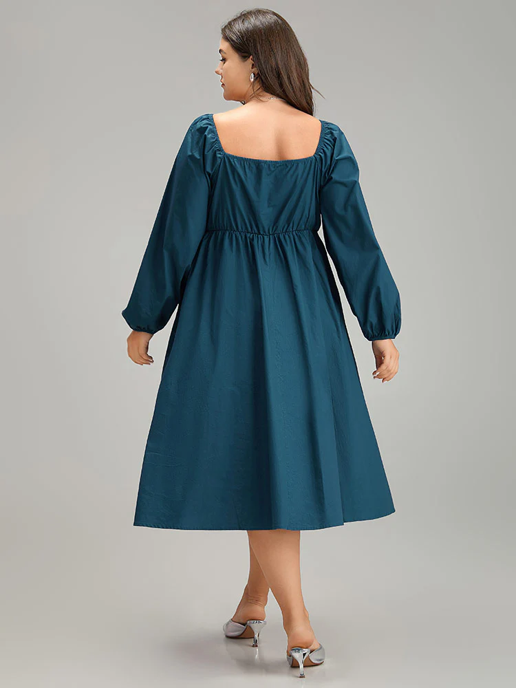 Cotton Solid Bowknot Gathered Detail Dress - Image 3