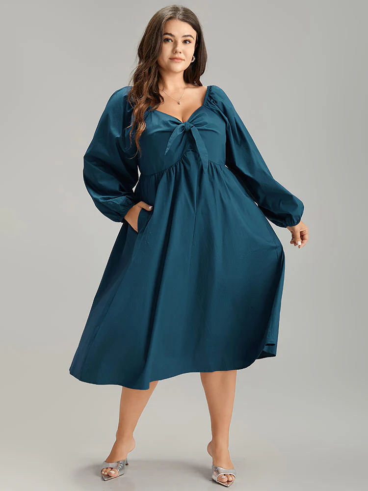 Cotton Solid Bowknot Gathered Detail Dress - Image 4