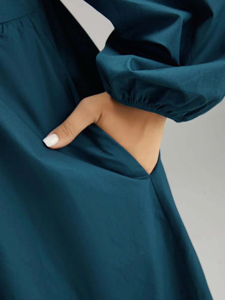 Cotton Solid Bowknot Gathered Detail Dress - Image 6