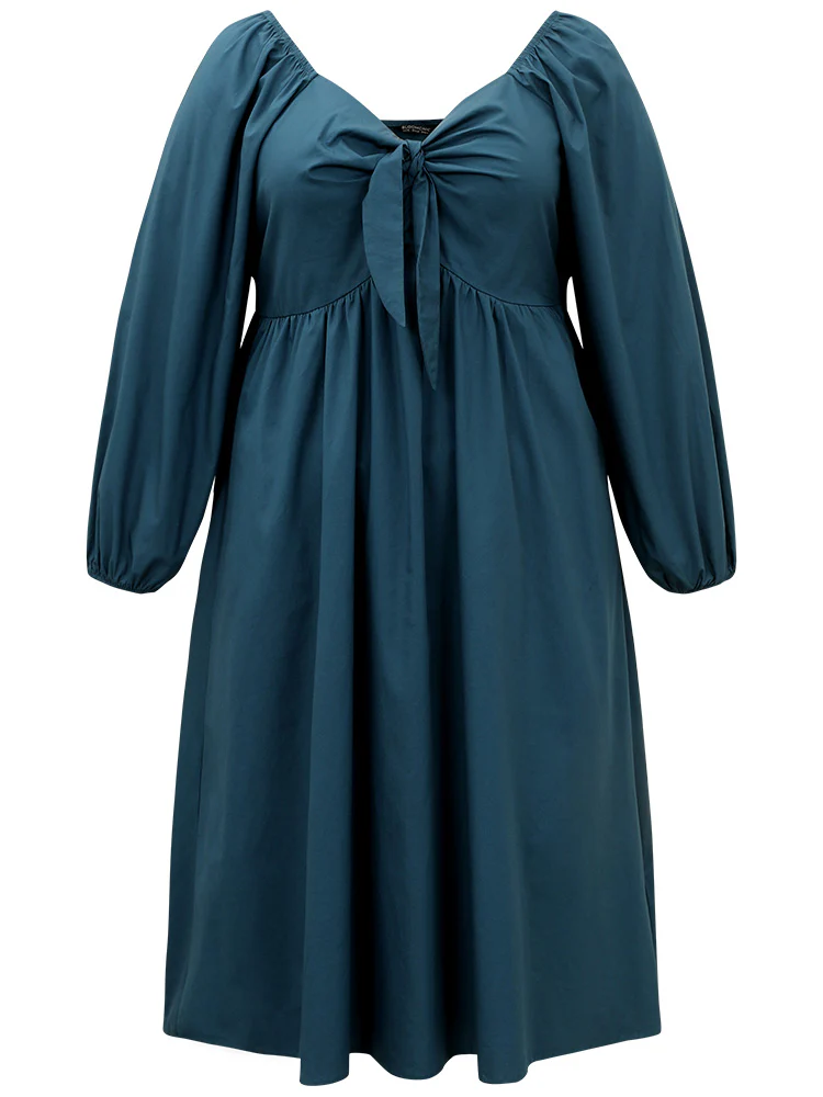 Cotton Solid Bowknot Gathered Detail Dress - Image 7