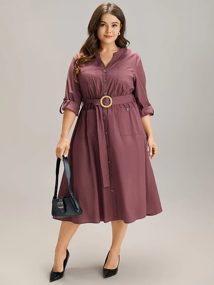Cotton Solid Buckle Detail Pocket Dress