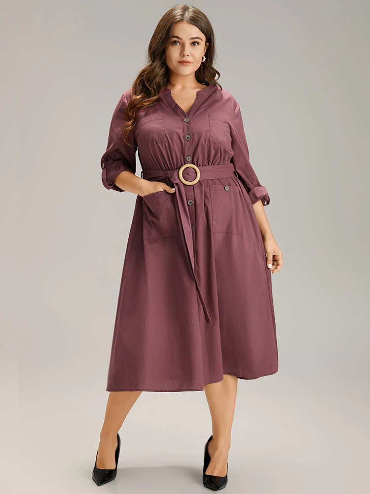 Cotton Solid Buckle Detail Pocket Dress - Image 2