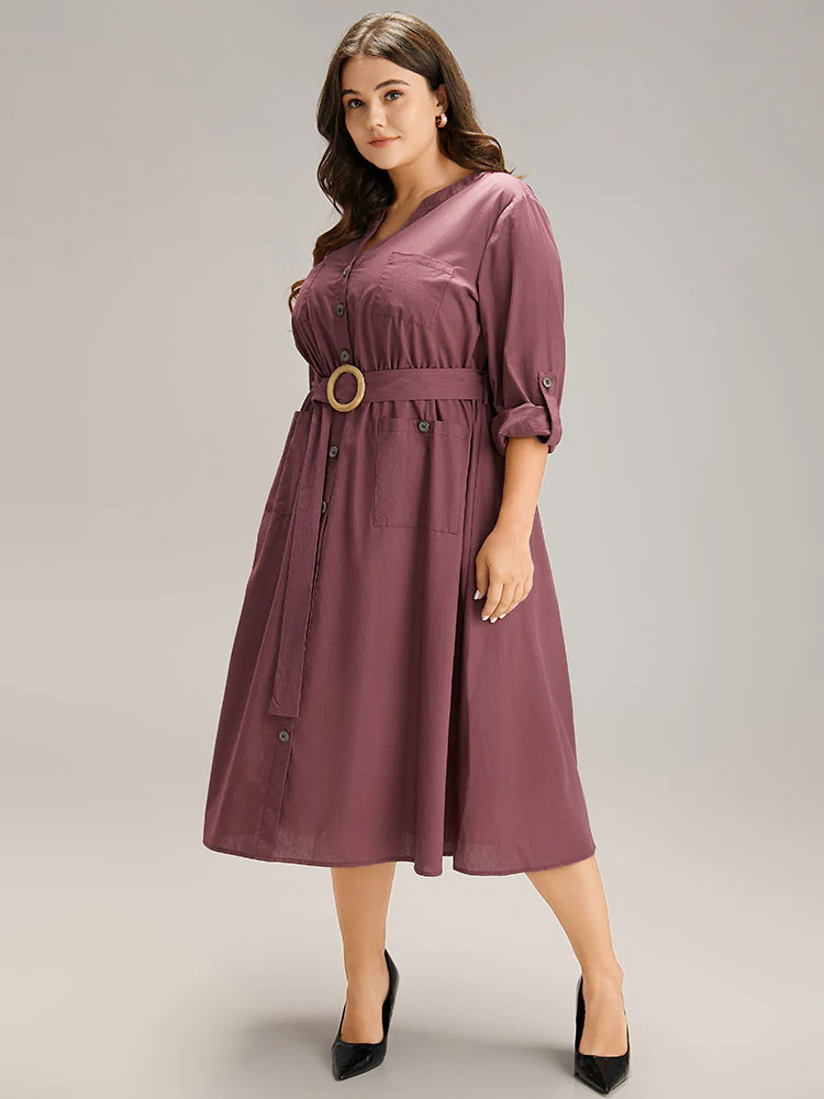 Cotton Solid Buckle Detail Pocket Dress - Image 3