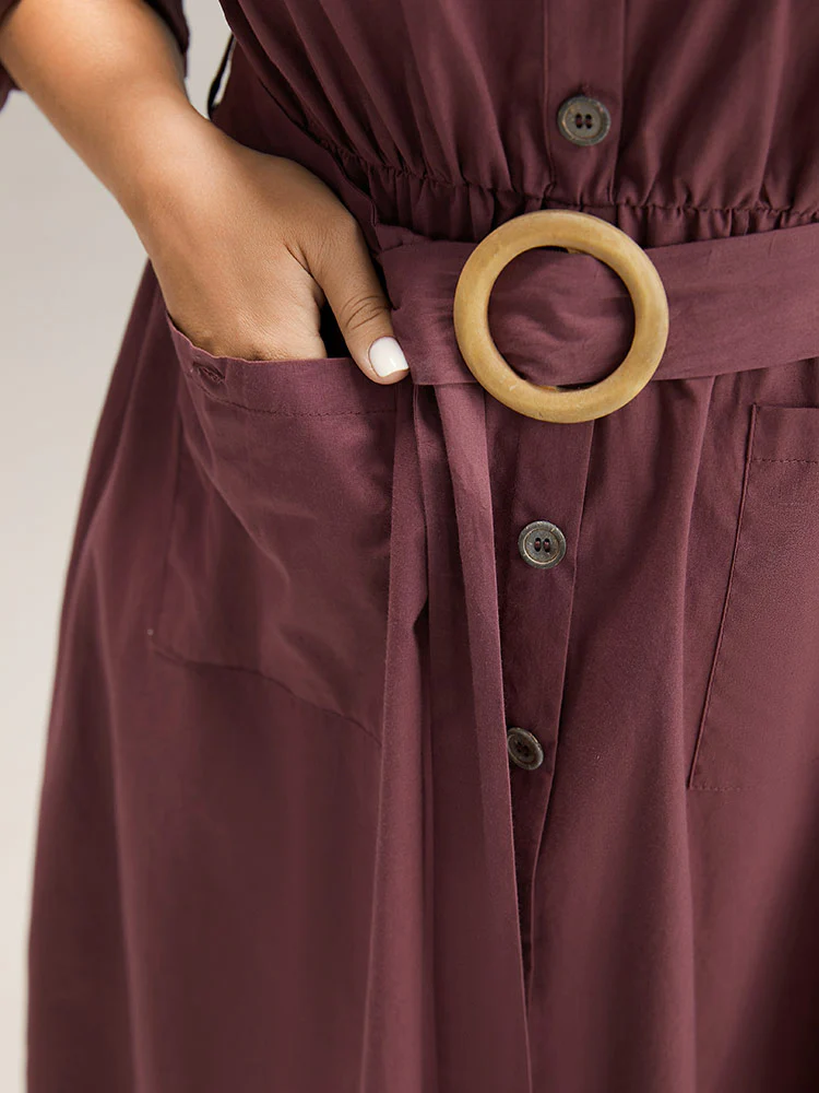 Cotton Solid Buckle Detail Pocket Dress - Image 6