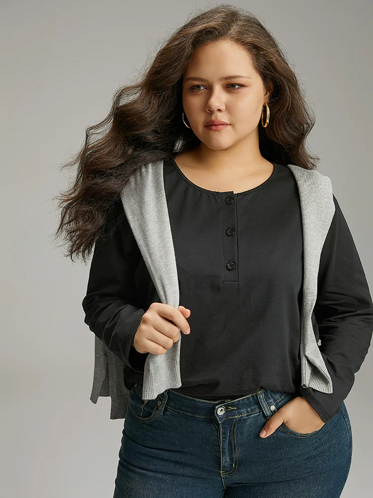 Cotton Solid Button Through Arc Hem T-shirt