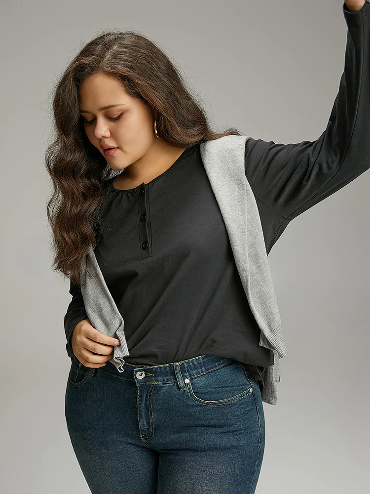 Cotton Solid Button Through Arc Hem T-shirt - Image 2