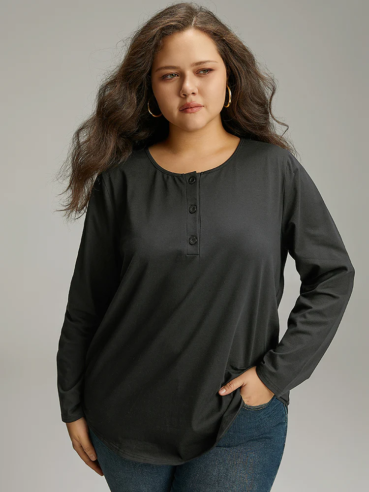 Cotton Solid Button Through Arc Hem T-shirt - Image 3