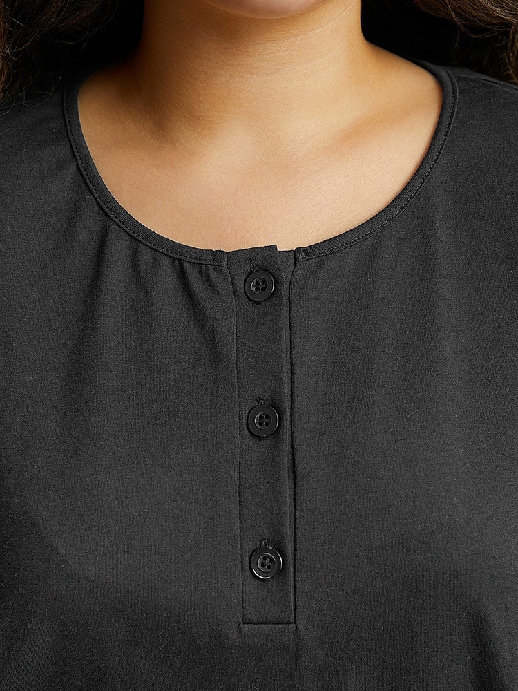 Cotton Solid Button Through Arc Hem T-shirt - Image 6