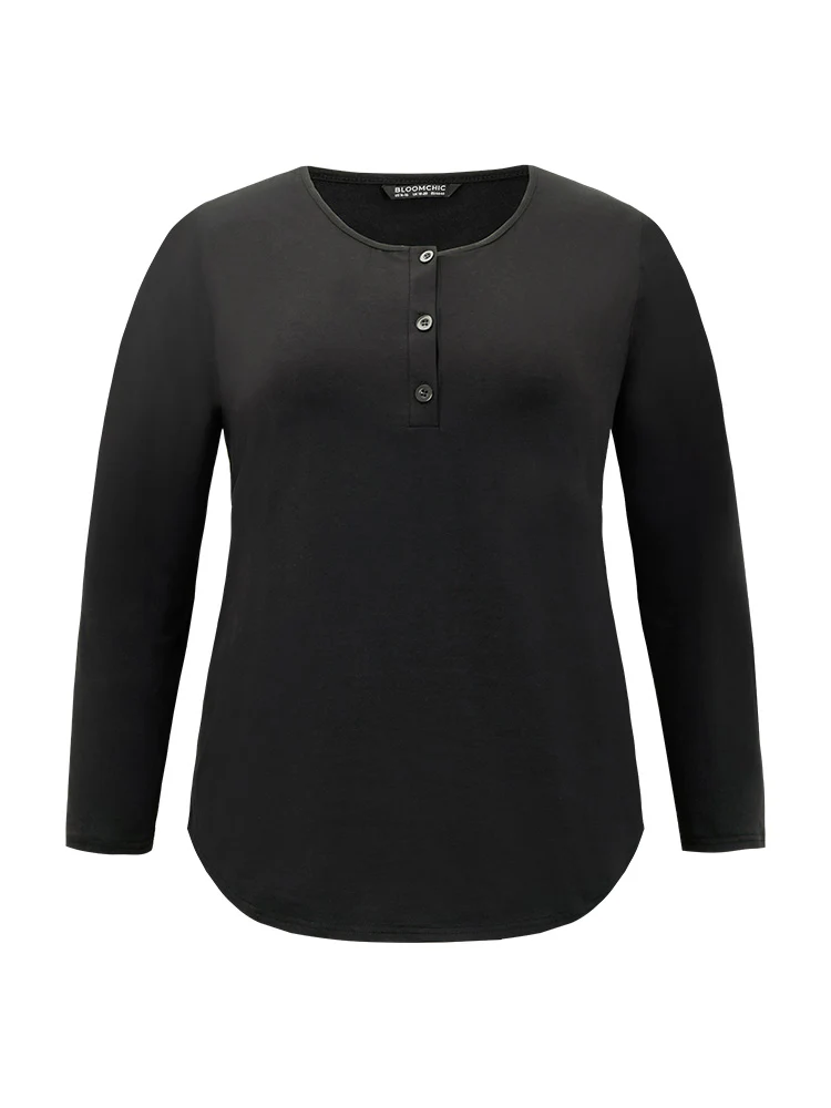 Cotton Solid Button Through Arc Hem T-shirt - Image 8