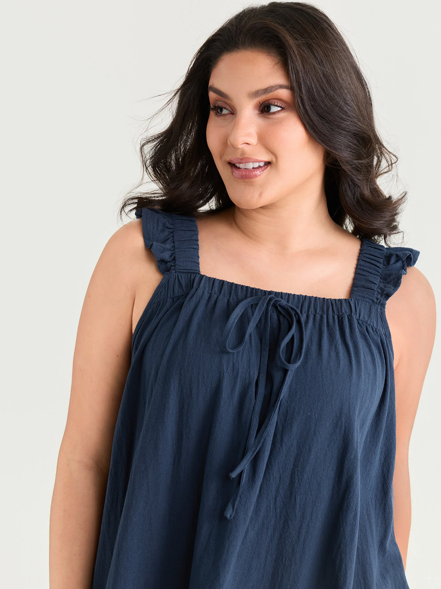 Cotton Solid Ruffle Strap Drawstring Maxi Dress - Image 2