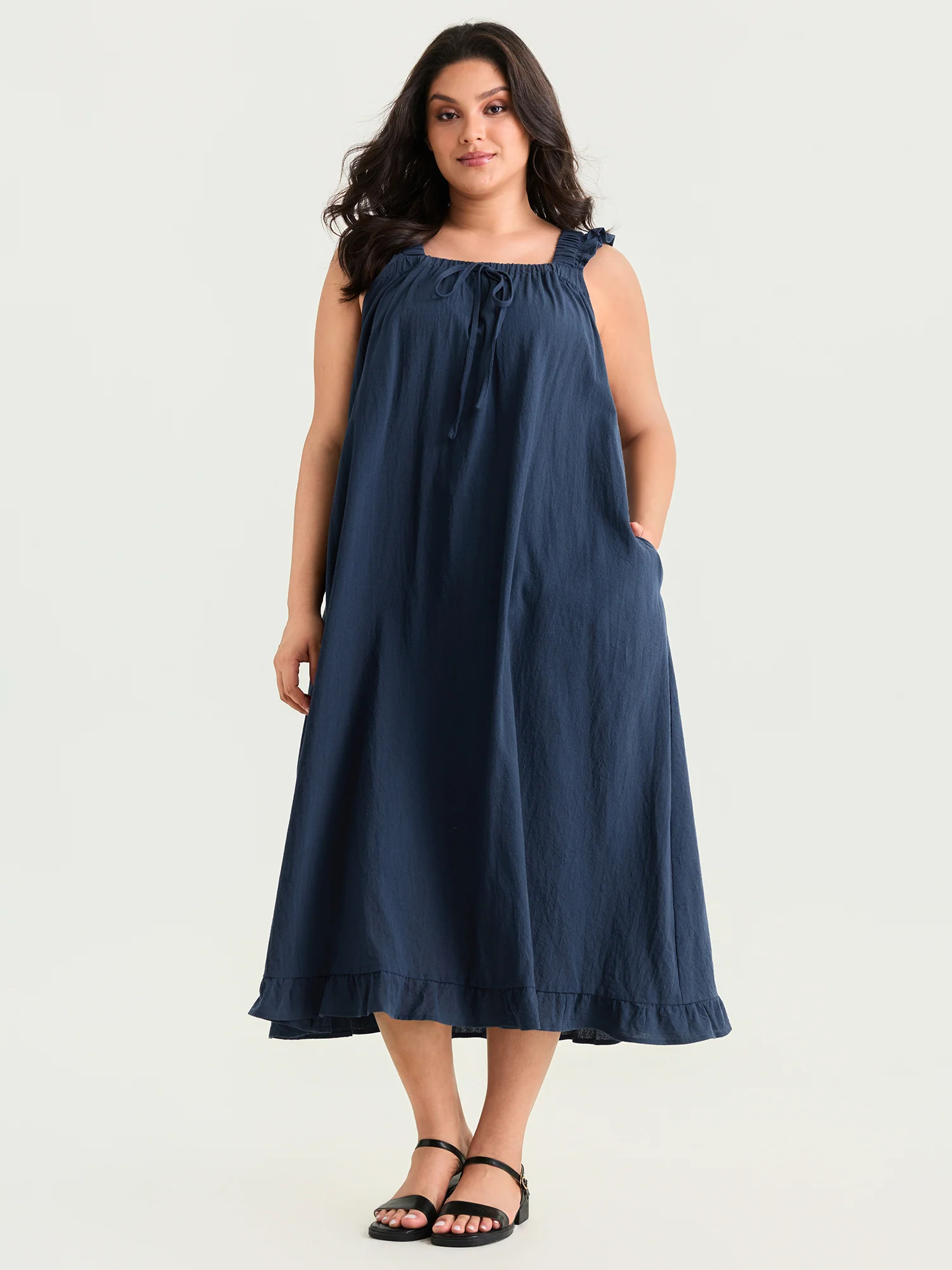Cotton Solid Ruffle Strap Drawstring Maxi Dress - Image 3