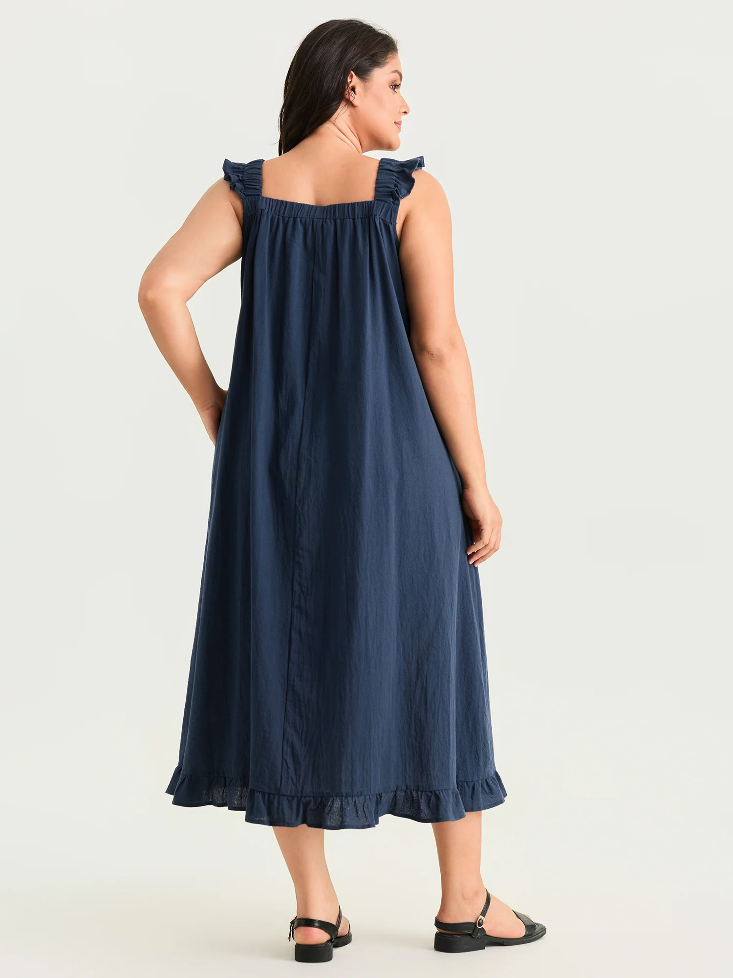 Cotton Solid Ruffle Strap Drawstring Maxi Dress - Image 4