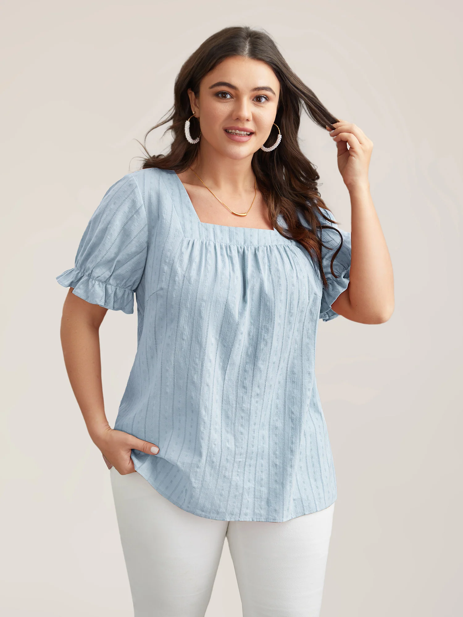 Cotton Square Neck Ruffled Sleeve Shirt - Image 16
