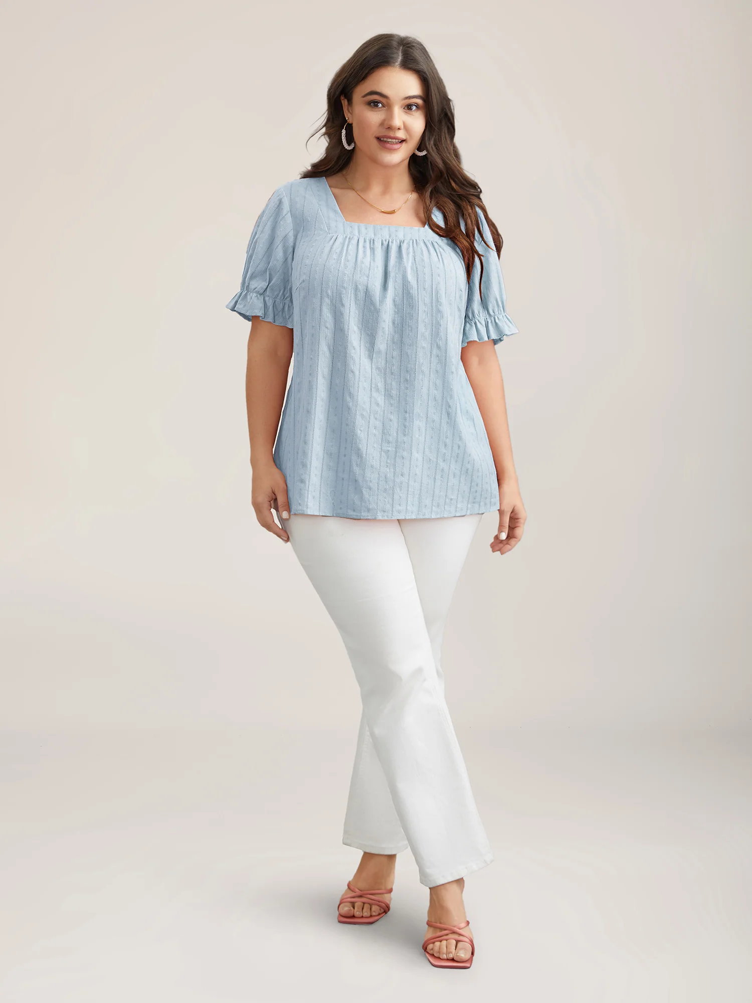 Cotton Square Neck Ruffled Sleeve Shirt - Image 17