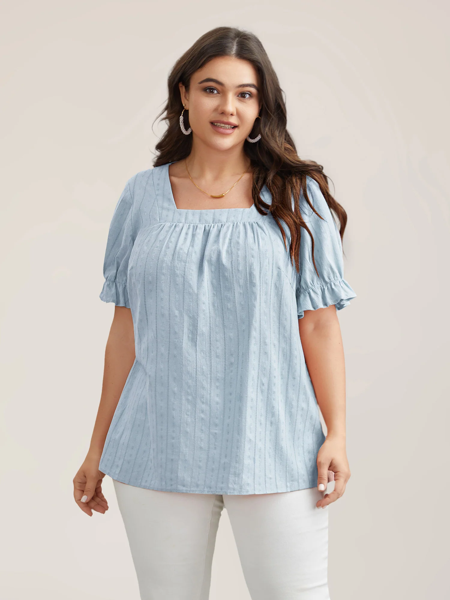 Cotton Square Neck Ruffled Sleeve Shirt - Image 18