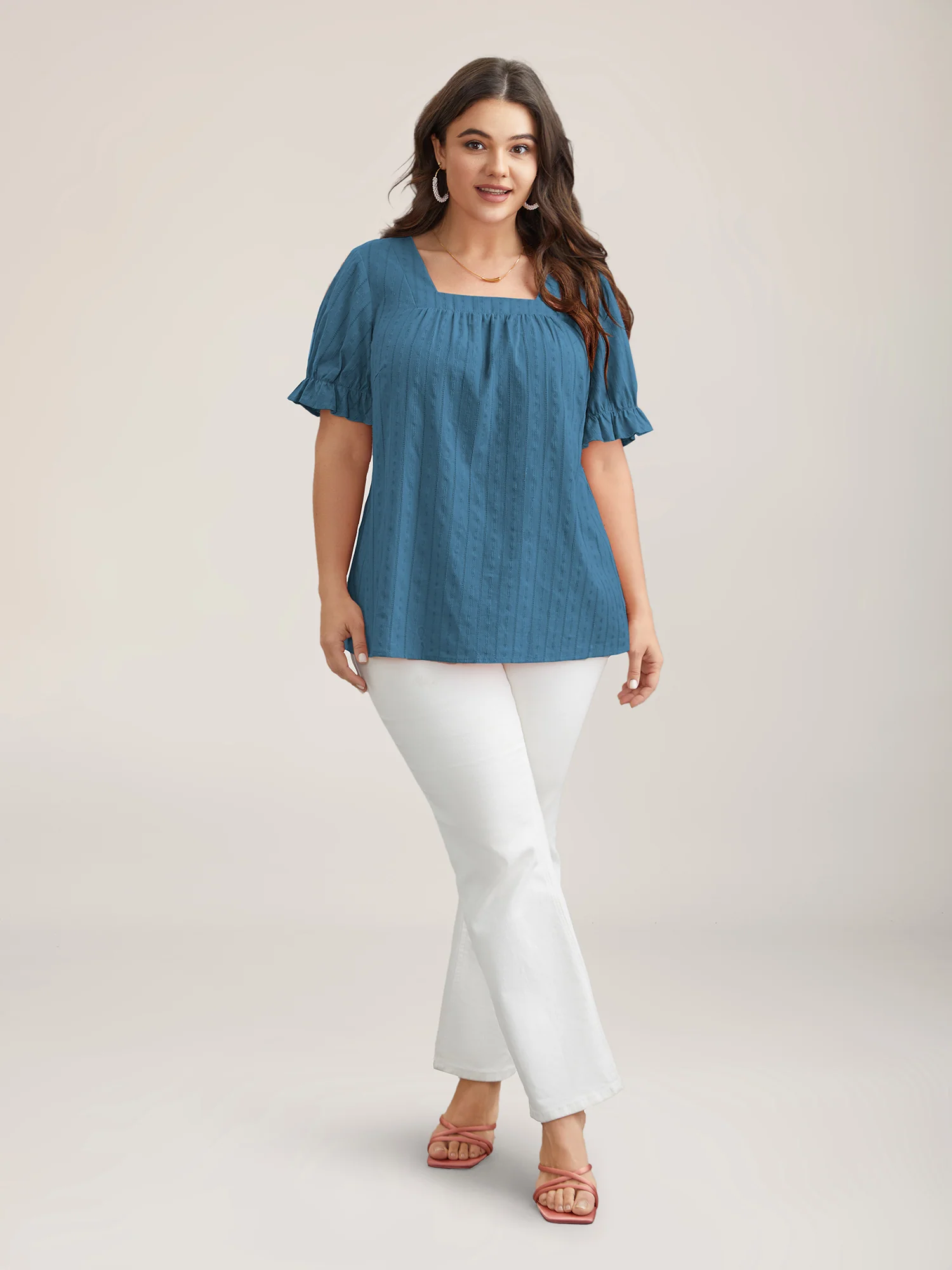 Cotton Square Neck Ruffled Sleeve Shirt - Image 2