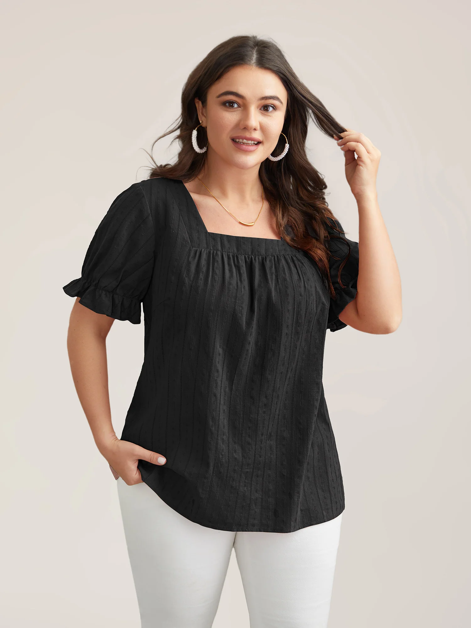 Cotton Square Neck Ruffled Sleeve Shirt - Image 20