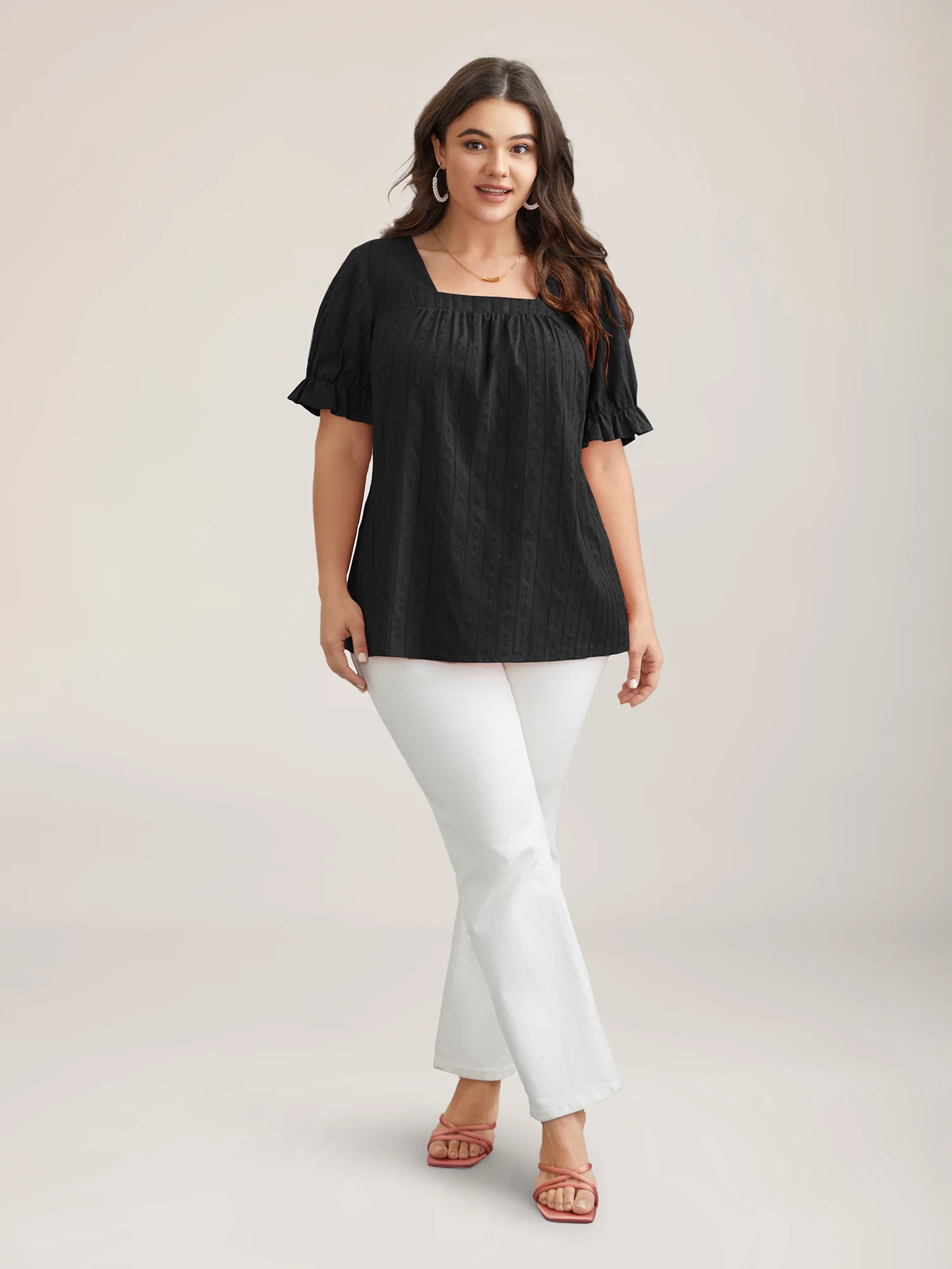 Cotton Square Neck Ruffled Sleeve Shirt - Image 21