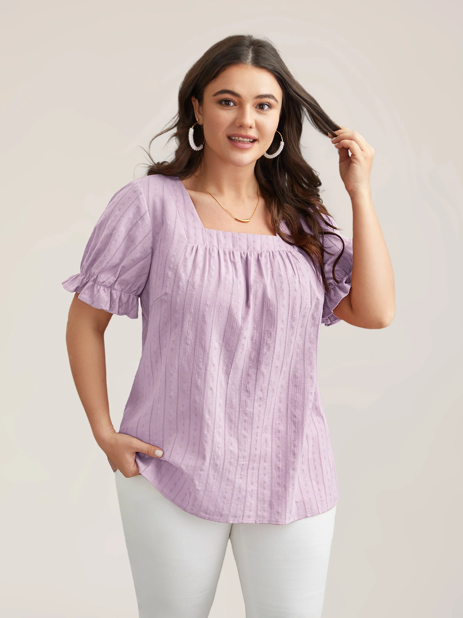 Cotton Square Neck Ruffled Sleeve Shirt - Image 24
