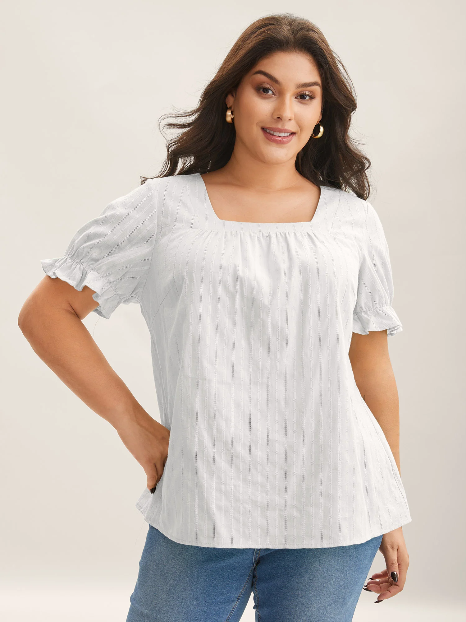 Cotton Square Neck Ruffled Sleeve Shirt - Image 28