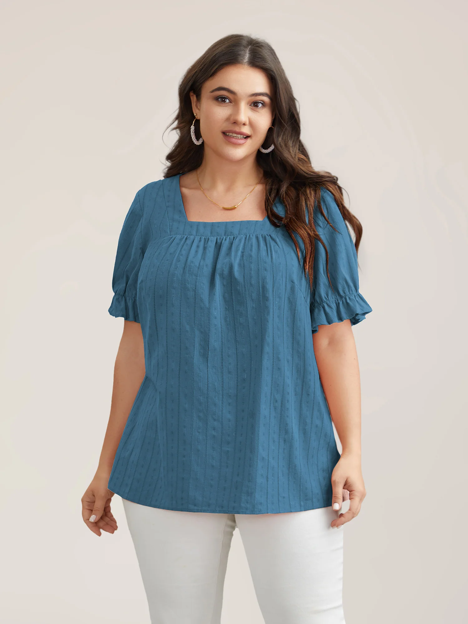 Cotton Square Neck Ruffled Sleeve Shirt - Image 3